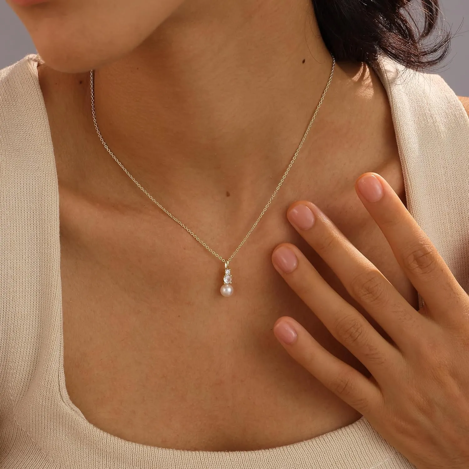 Ewrkbr Gold Necklace for Women, 14k Gold Plated Layered Cubic Zirconia Necklaces Dainty Gold Pendant Simple Layered Gold Necklaces for Women Trendy Small CZ Pearl Necklace Gold Jewelry for Women