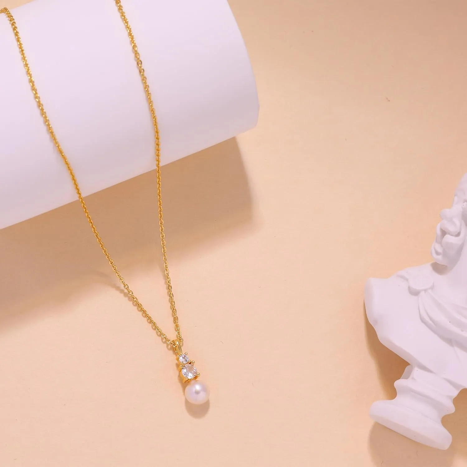 Ewrkbr Gold Necklace for Women, 14k Gold Plated Layered Cubic Zirconia Necklaces Dainty Gold Pendant Simple Layered Gold Necklaces for Women Trendy Small CZ Pearl Necklace Gold Jewelry for Women