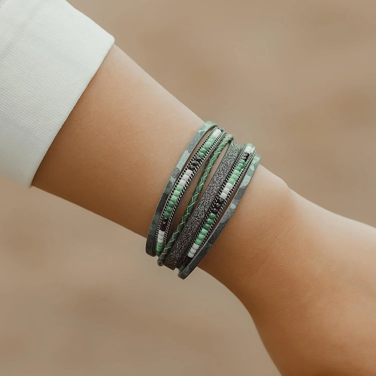 FANCY SHINY Boho Leather Wrap Bracelets Trendy Layered Bracelets with Magnetic Clasp Strackable Bohemian Jewelry Gifts for Women
