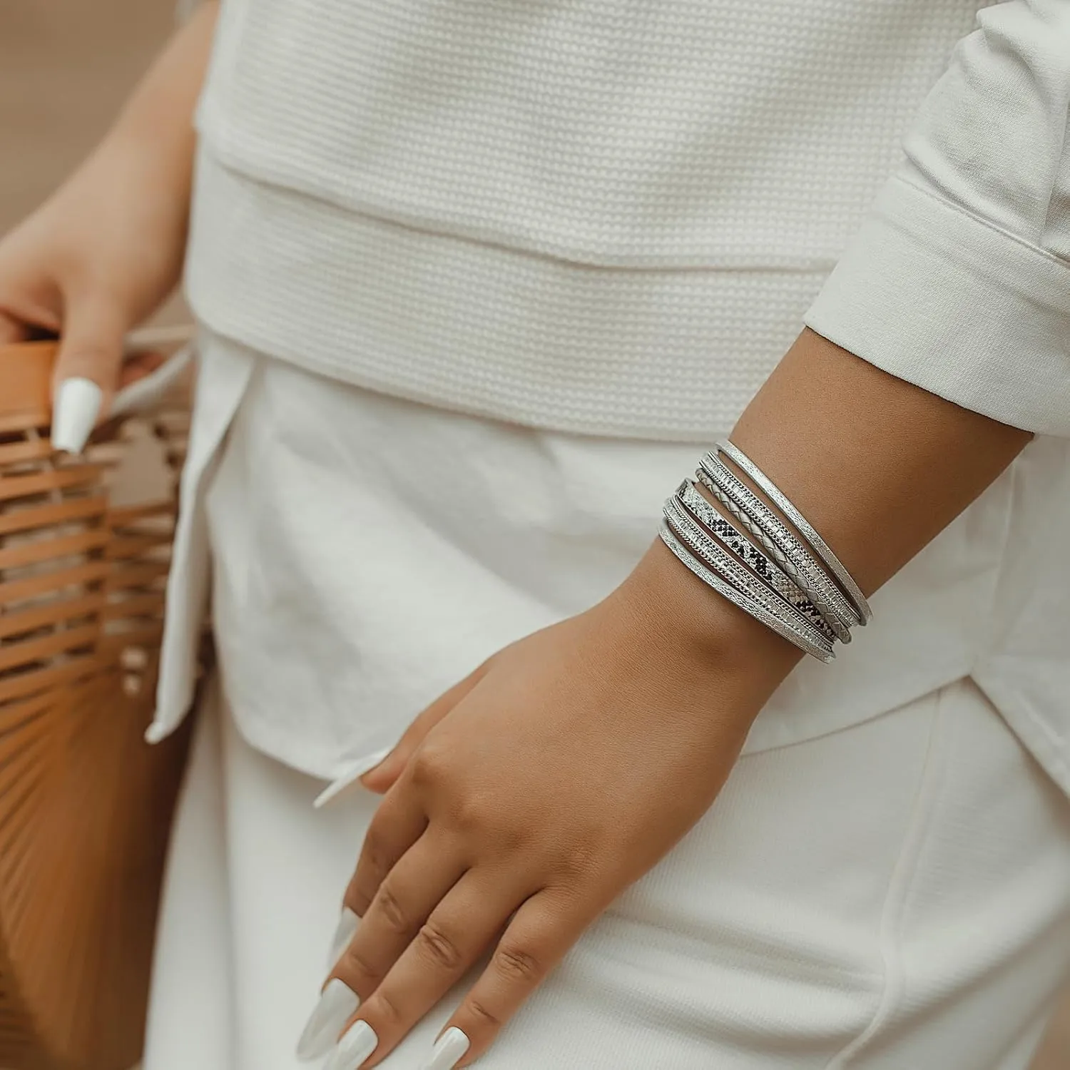 FANCY SHINY Boho Leather Wrap Bracelets Trendy Layered Bracelets with Magnetic Clasp Strackable Bohemian Jewelry Gifts for Women