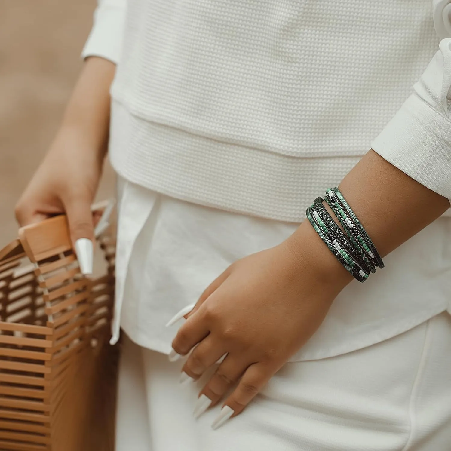 FANCY SHINY Boho Leather Wrap Bracelets Trendy Layered Bracelets with Magnetic Clasp Strackable Bohemian Jewelry Gifts for Women