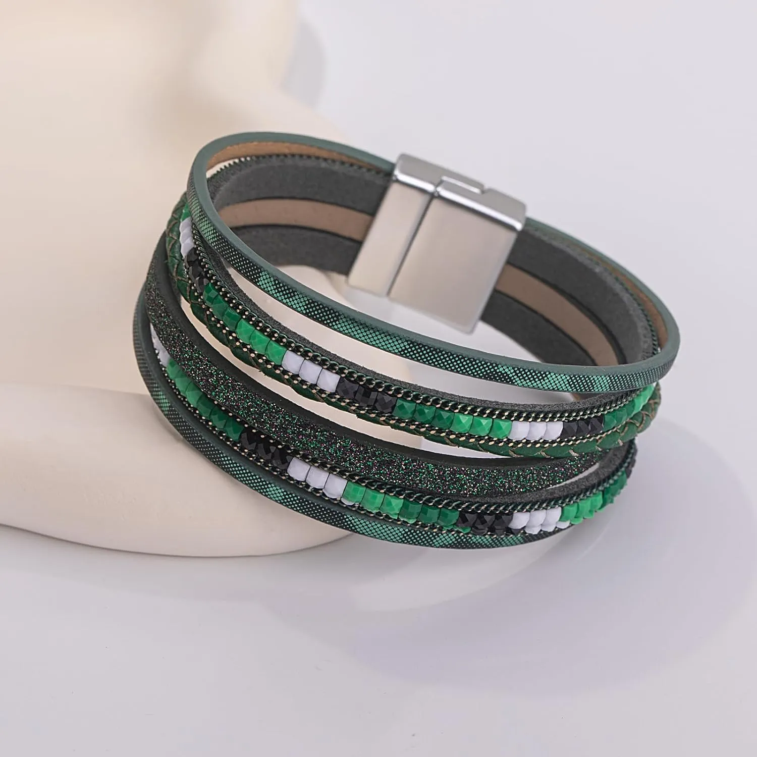 FANCY SHINY Boho Leather Wrap Bracelets Trendy Layered Bracelets with Magnetic Clasp Strackable Bohemian Jewelry Gifts for Women