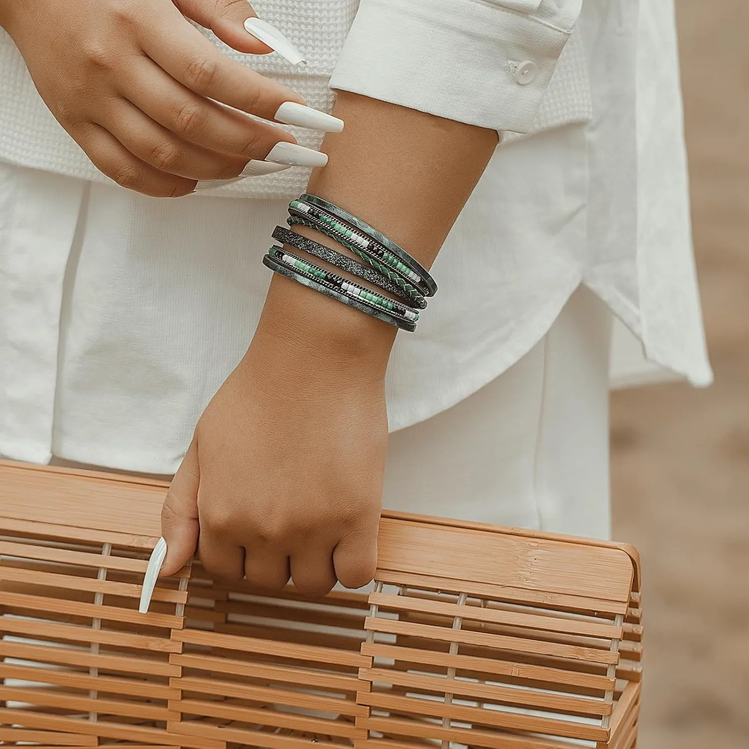 FANCY SHINY Boho Leather Wrap Bracelets Trendy Layered Bracelets with Magnetic Clasp Strackable Bohemian Jewelry Gifts for Women