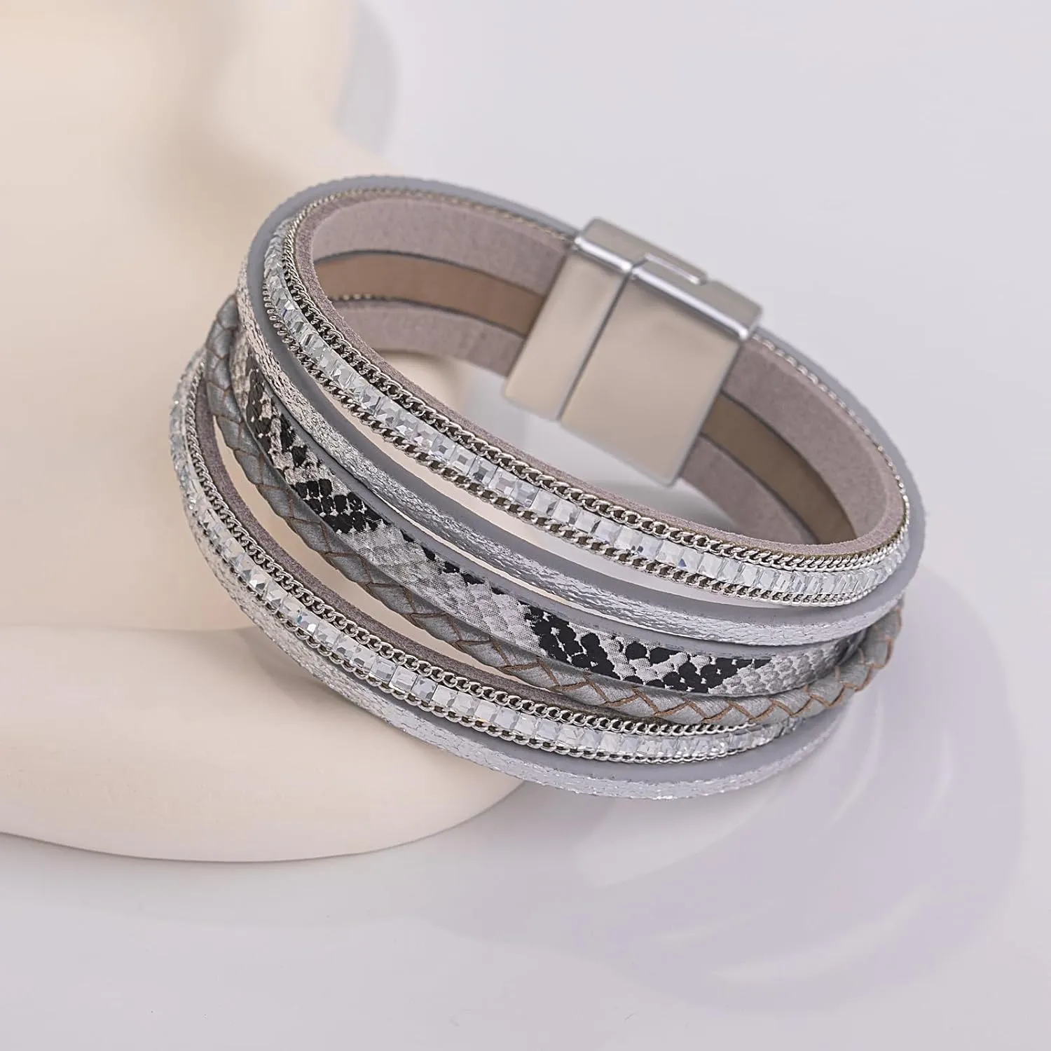 FANCY SHINY Boho Leather Wrap Bracelets Trendy Layered Bracelets with Magnetic Clasp Strackable Bohemian Jewelry Gifts for Women