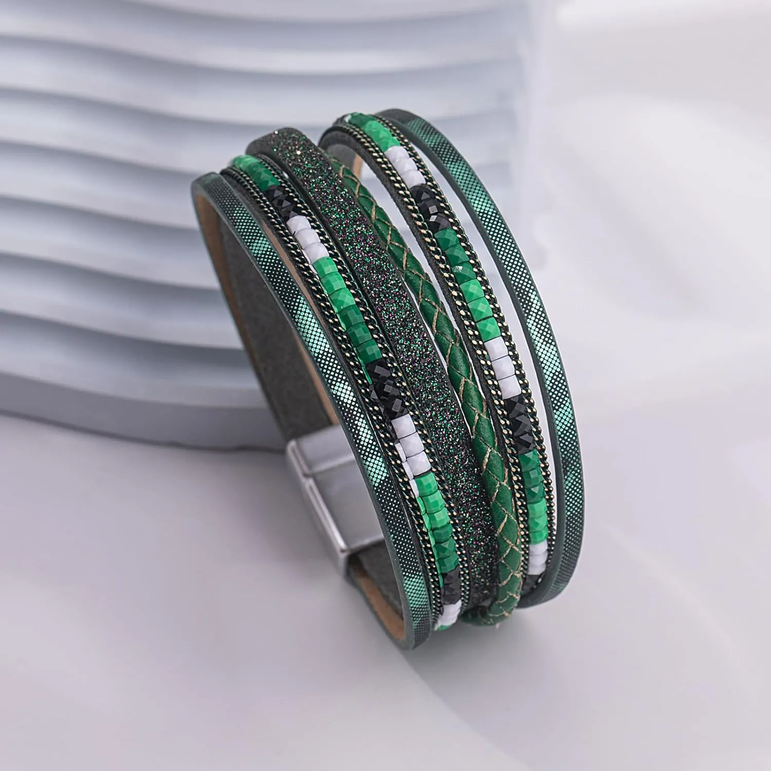FANCY SHINY Boho Leather Wrap Bracelets Trendy Layered Bracelets with Magnetic Clasp Strackable Bohemian Jewelry Gifts for Women