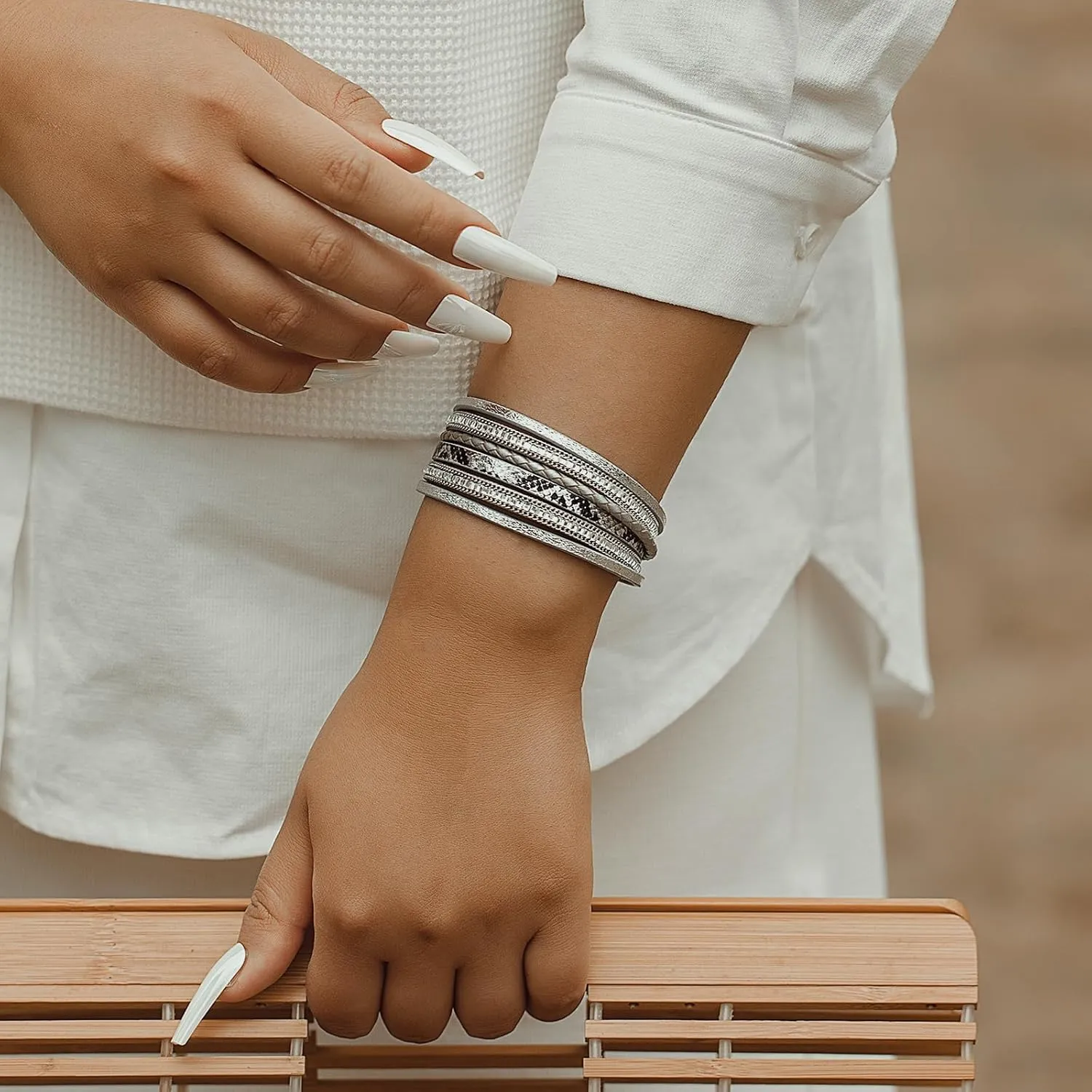 FANCY SHINY Boho Leather Wrap Bracelets Trendy Layered Bracelets with Magnetic Clasp Strackable Bohemian Jewelry Gifts for Women