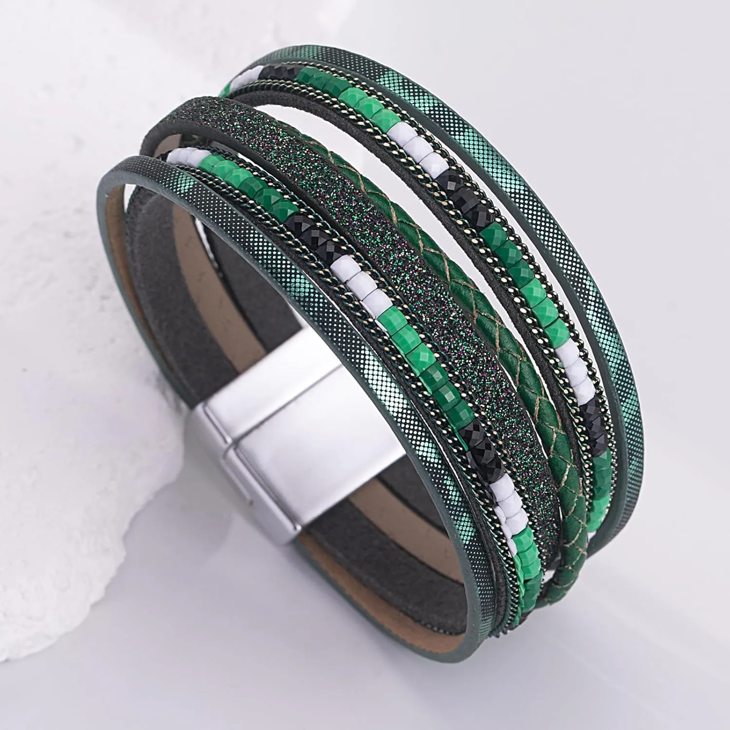FANCY SHINY Boho Leather Wrap Bracelets Trendy Layered Bracelets with Magnetic Clasp Strackable Bohemian Jewelry Gifts for Women