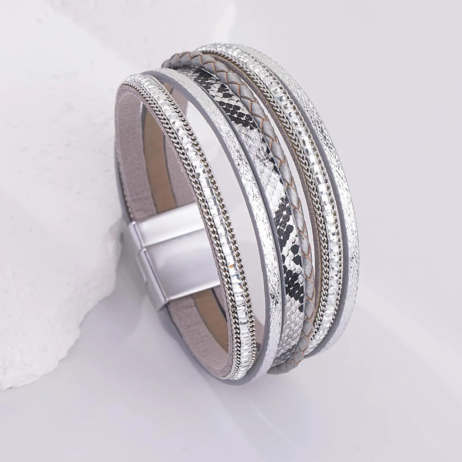 FANCY SHINY Boho Leather Wrap Bracelets Trendy Layered Bracelets with Magnetic Clasp Strackable Bohemian Jewelry Gifts for Women