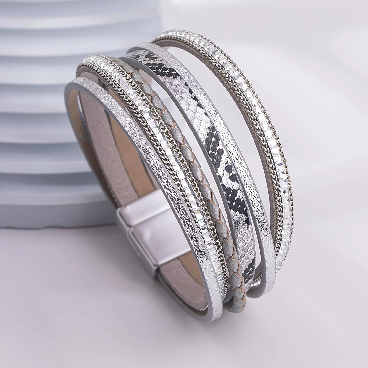 FANCY SHINY Boho Leather Wrap Bracelets Trendy Layered Bracelets with Magnetic Clasp Strackable Bohemian Jewelry Gifts for Women