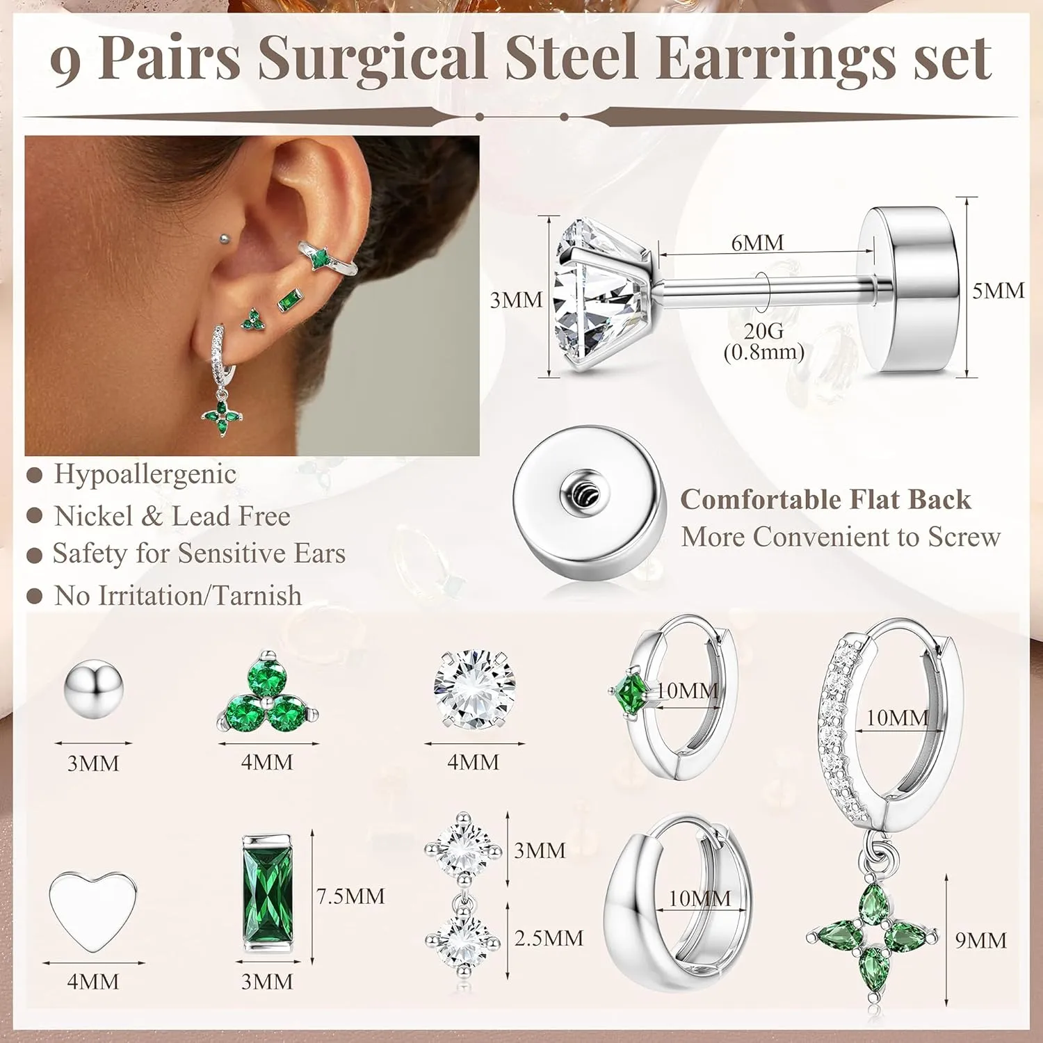 Fansilver Hypoallergenic Flat Back Earrings for Women 20G Surgical Stainless Steel Cartilage Earring Sets for Multiple Piercing Dainty Small Hoop Flatback Stud Earrings Stacks