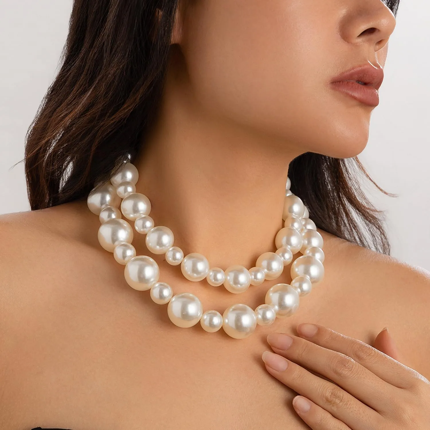 Faux Pearls Beaded Necklaces - Stackable Layered Choker Necklace - Large Pearl Statement Necklace - Bridal Wedding Party Jewelry Gift