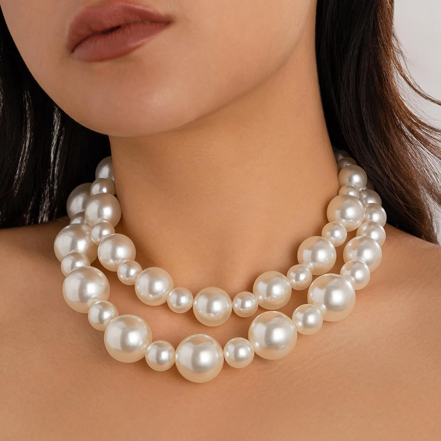 Faux Pearls Beaded Necklaces - Stackable Layered Choker Necklace - Large Pearl Statement Necklace - Bridal Wedding Party Jewelry Gift