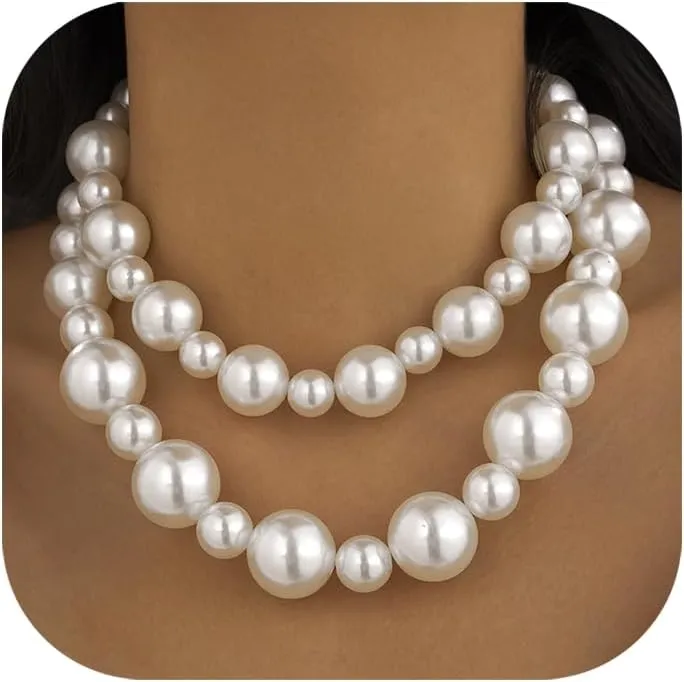 Faux Pearls Beaded Necklaces - Stackable Layered Choker Necklace - Large Pearl Statement Necklace - Bridal Wedding Party Jewelry Gift