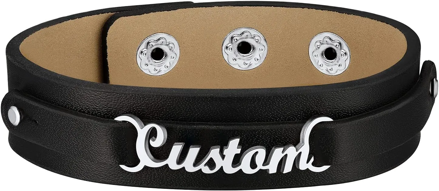 FindChic Custom Name Bracelets Personalized for Women Girls Black Genuine Leather Wristband 18K Gold Plated Initial Letter Charms with Figaro Chain Jewelry, with Gift Box