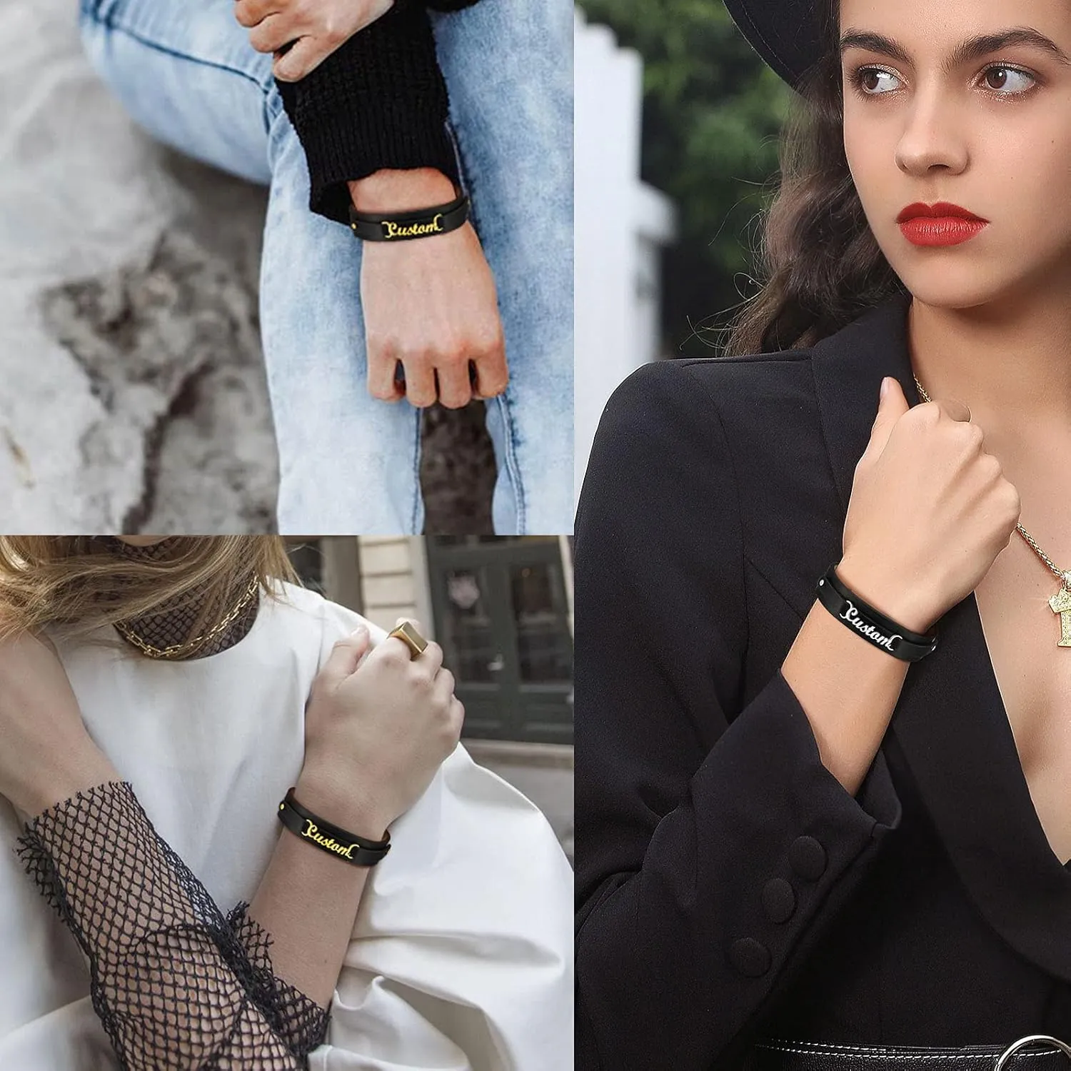 FindChic Custom Name Bracelets Personalized for Women Girls Black Genuine Leather Wristband 18K Gold Plated Initial Letter Charms with Figaro Chain Jewelry, with Gift Box