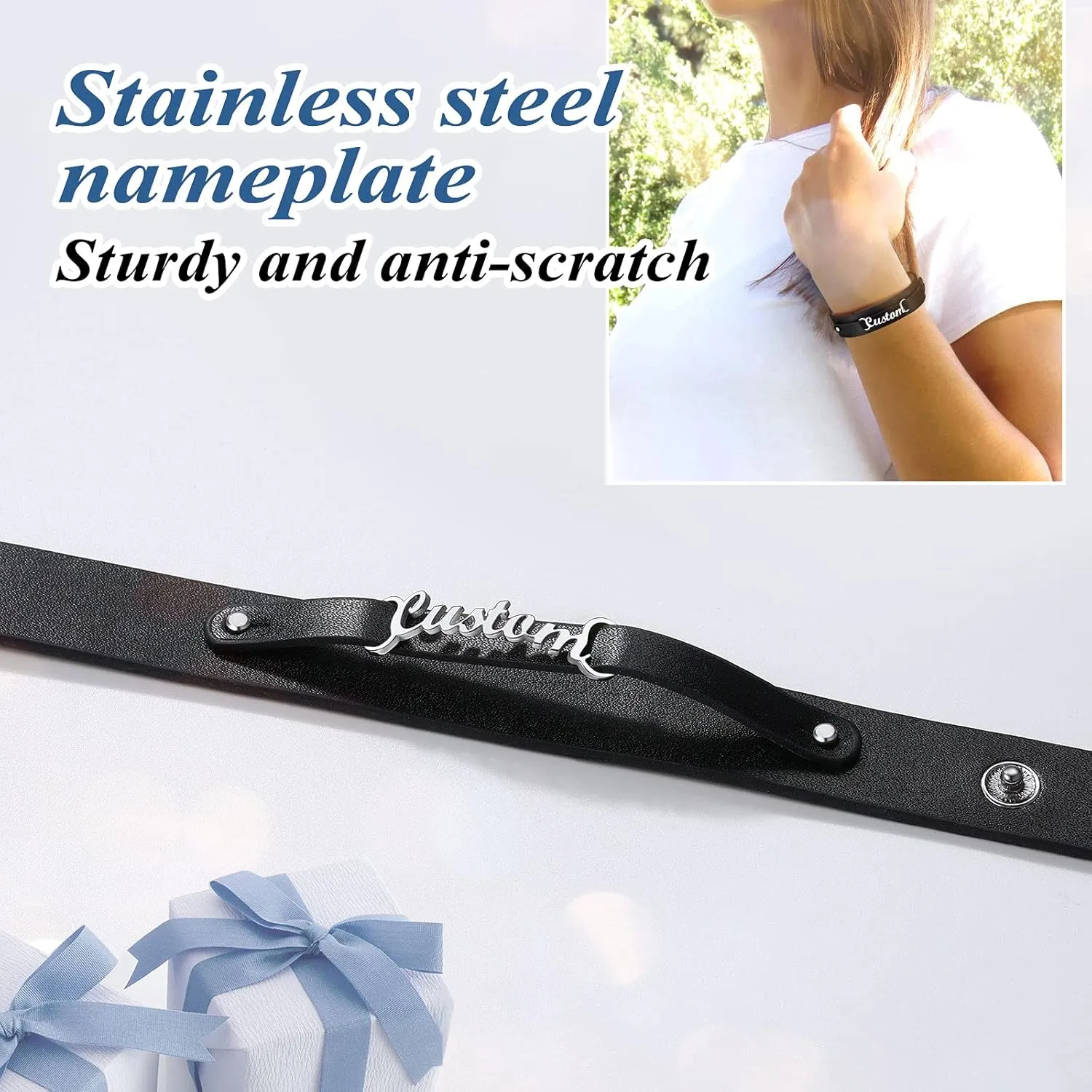 FindChic Custom Name Bracelets Personalized for Women Girls Black Genuine Leather Wristband 18K Gold Plated Initial Letter Charms with Figaro Chain Jewelry, with Gift Box