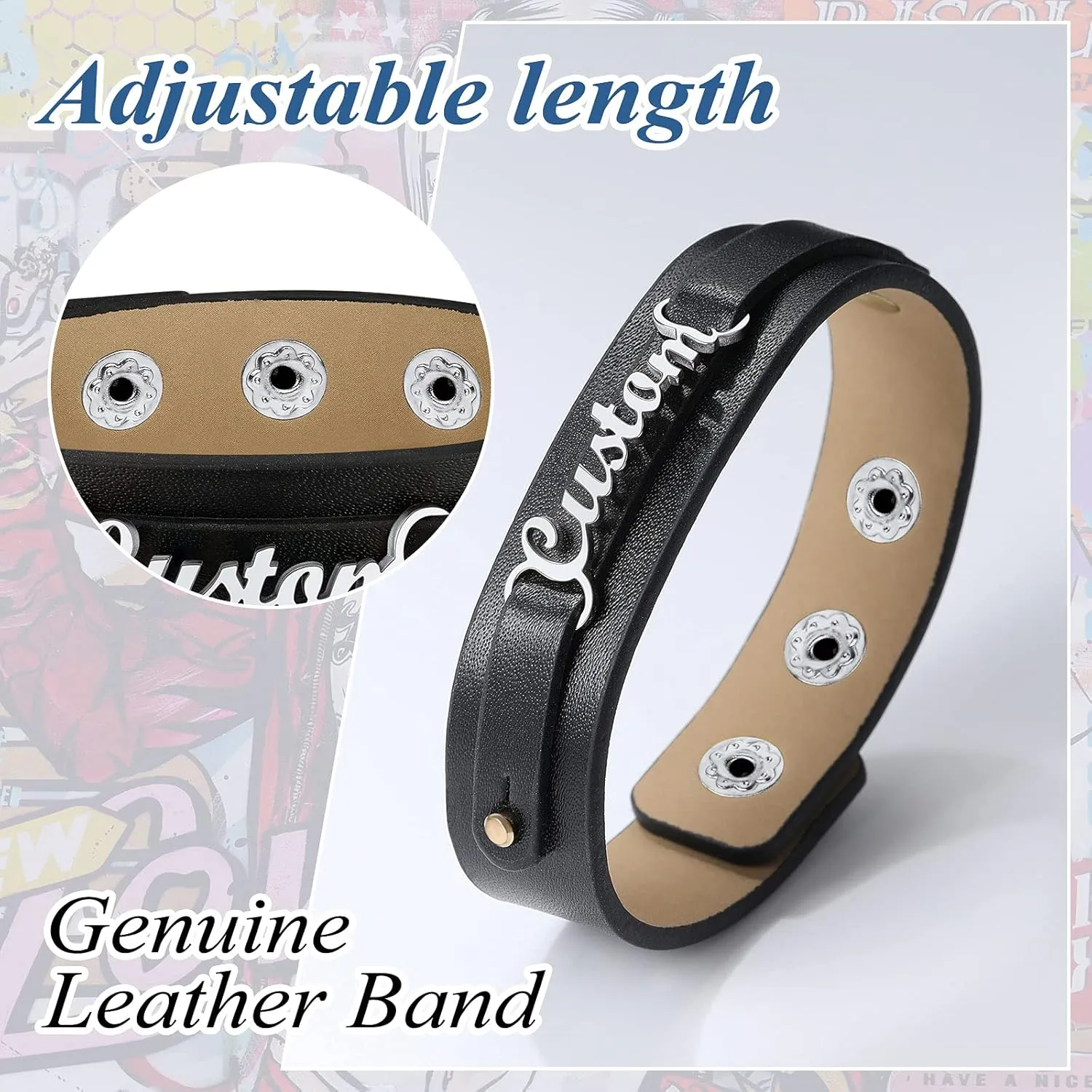 FindChic Custom Name Bracelets Personalized for Women Girls Black Genuine Leather Wristband 18K Gold Plated Initial Letter Charms with Figaro Chain Jewelry, with Gift Box