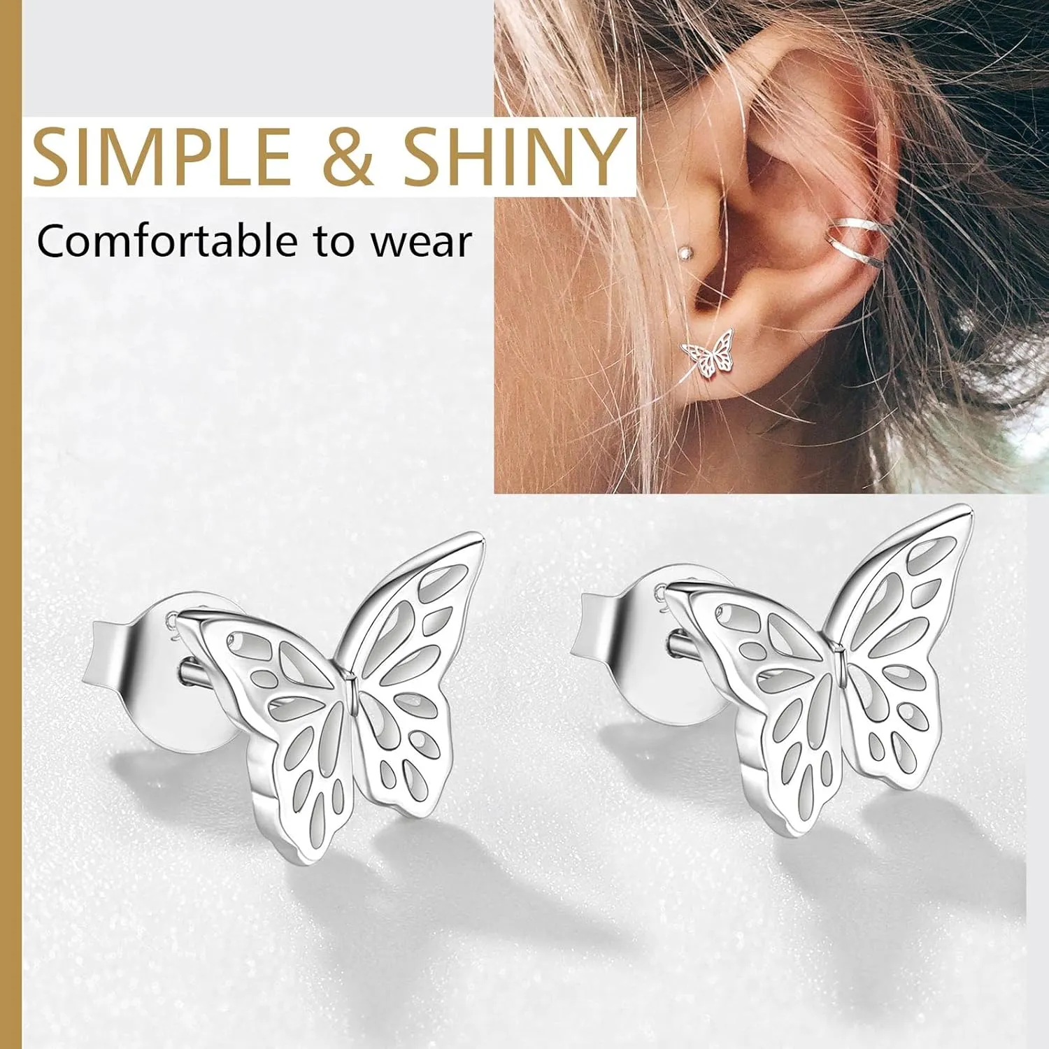 FindChic Hypoallergenic Sterling Silver Small Bar/Heart/Dot/Triangle/Butterfly/Lightning Studs Earrings Minimalist Geometric Jewelry Valentine Gifts for Women Men Girls, with Gift Box