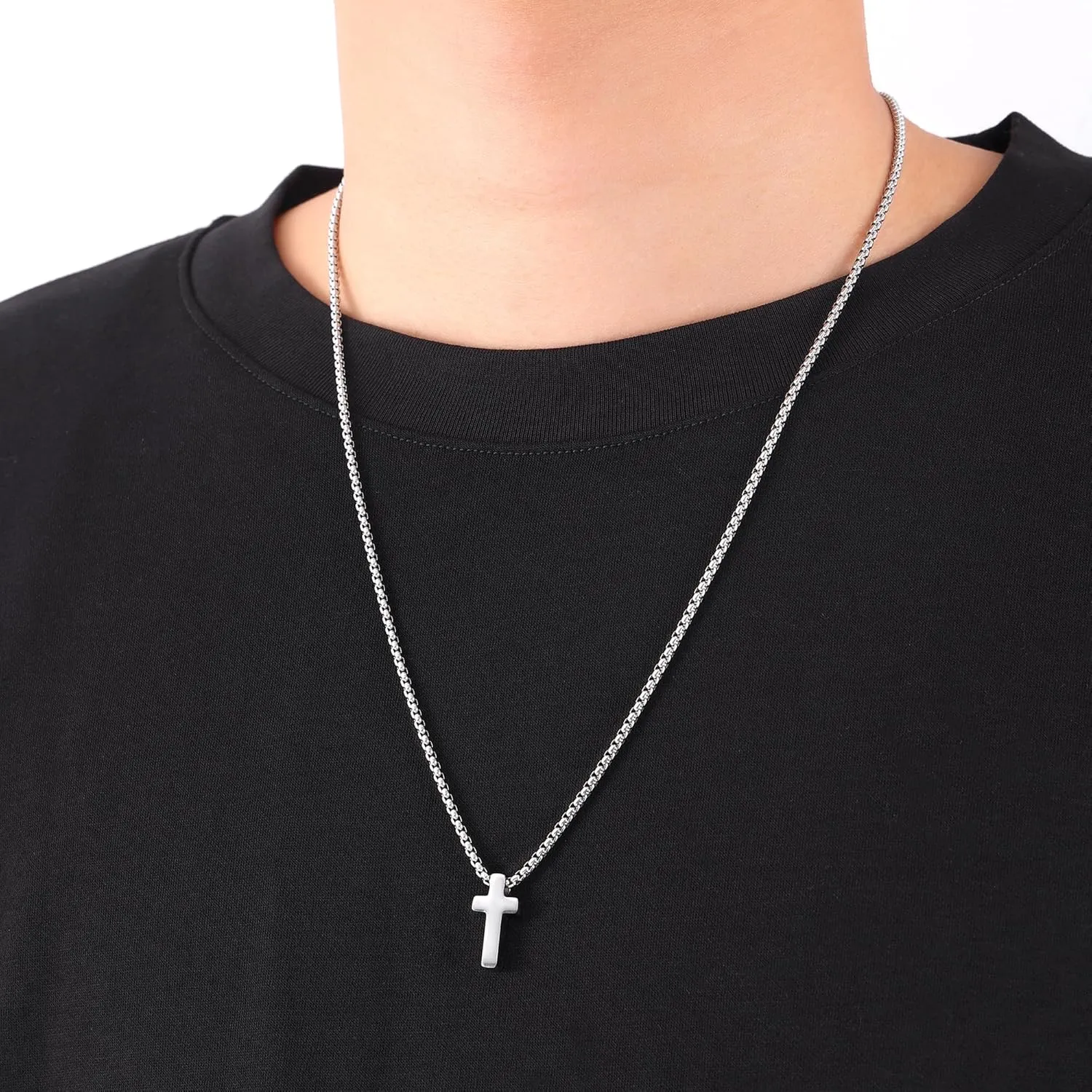 Fiusem Cross Necklace for Men, Silver/Gold/Black Mens Cross Necklaces with 2.5mm Cross Chain and Stainless Steel Cross Pendant, Box Chain 16-24 Inch
