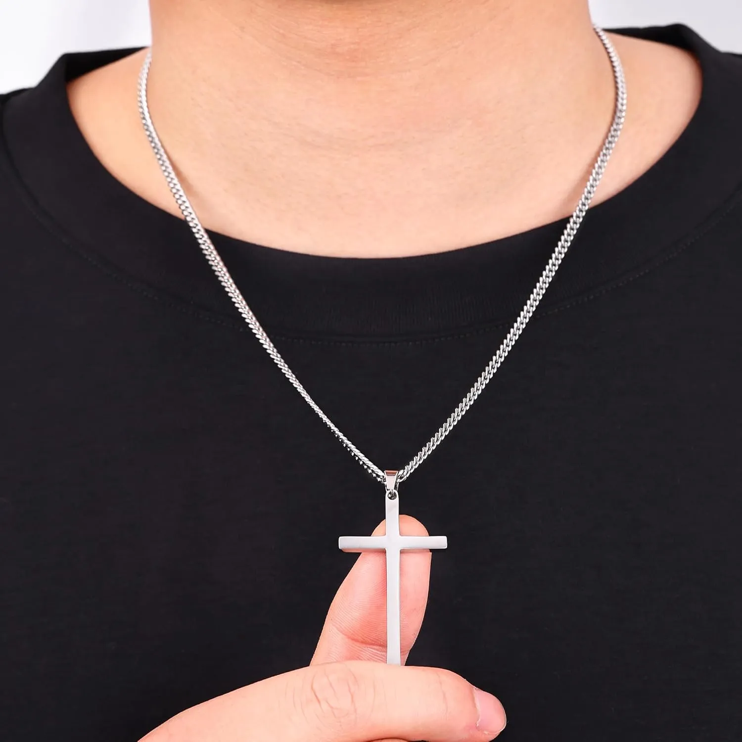 Fiusem Silver Tone Cross Necklace for Men, Mens Cross Necklaces with 3.5mm Chain and Stainless Steel Pendant, Cuban Chain 16-24 Inches