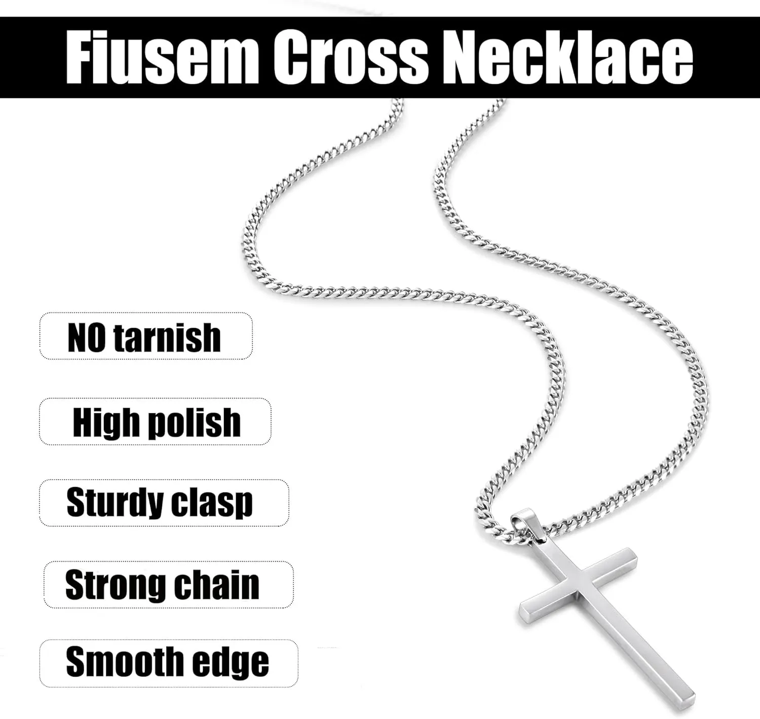 Fiusem Silver Tone Cross Necklace for Men, Mens Cross Necklaces with 3.5mm Chain and Stainless Steel Pendant, Cuban Chain 16-24 Inches