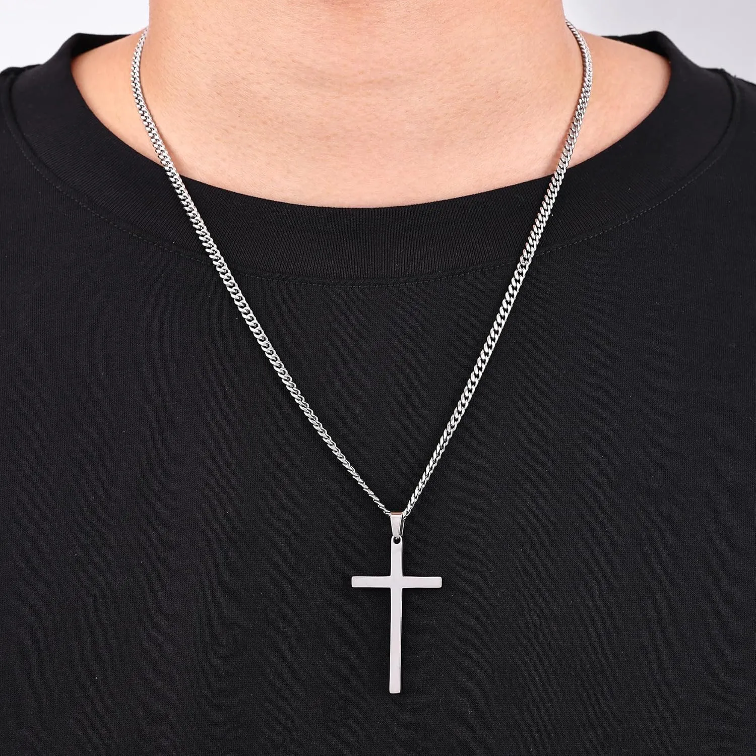 Fiusem Silver Tone Cross Necklace for Men, Mens Cross Necklaces with 3.5mm Chain and Stainless Steel Pendant, Cuban Chain 16-24 Inches