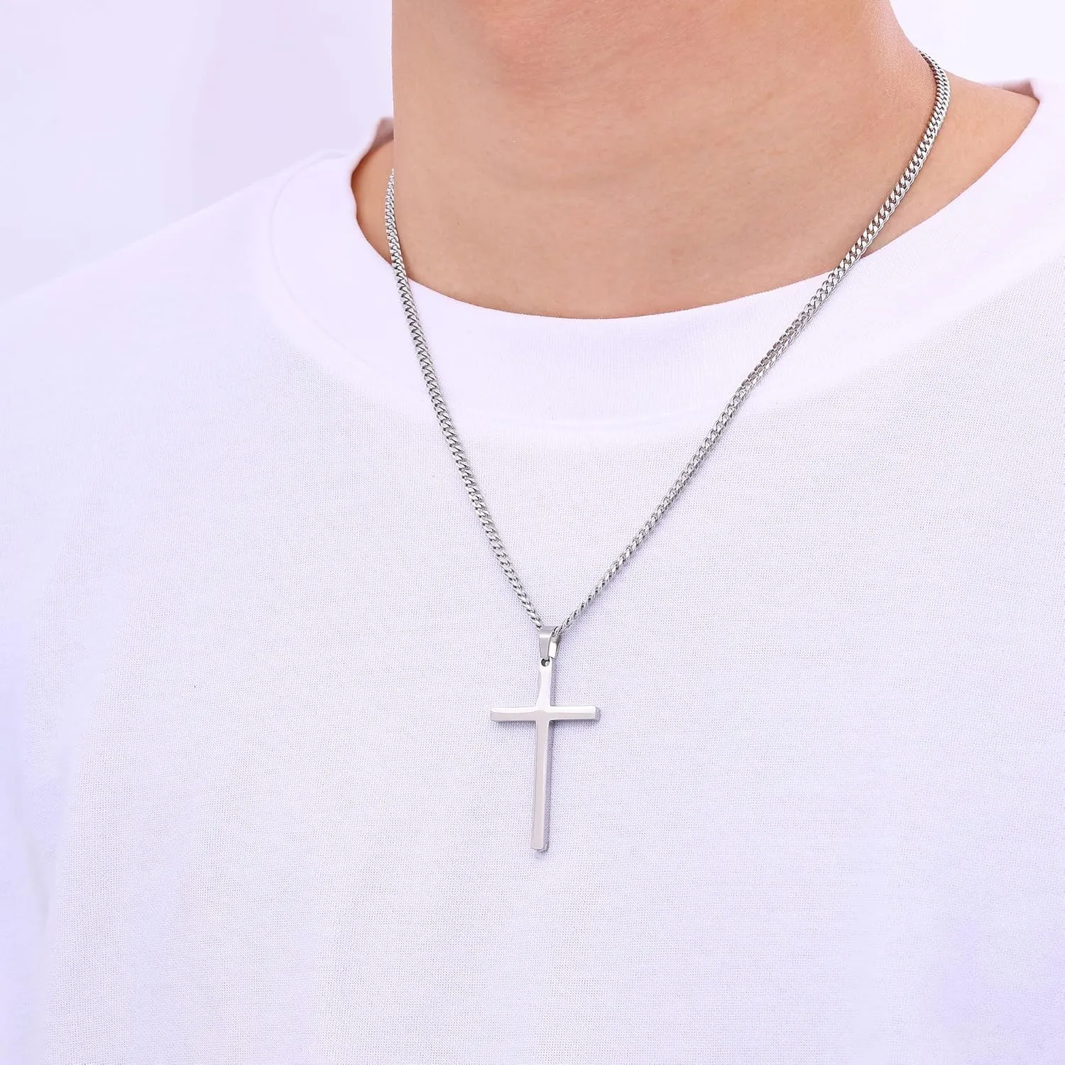 Fiusem Silver Tone Cross Necklace for Men, Mens Cross Necklaces with 3.5mm Chain and Stainless Steel Pendant, Cuban Chain 16-24 Inches