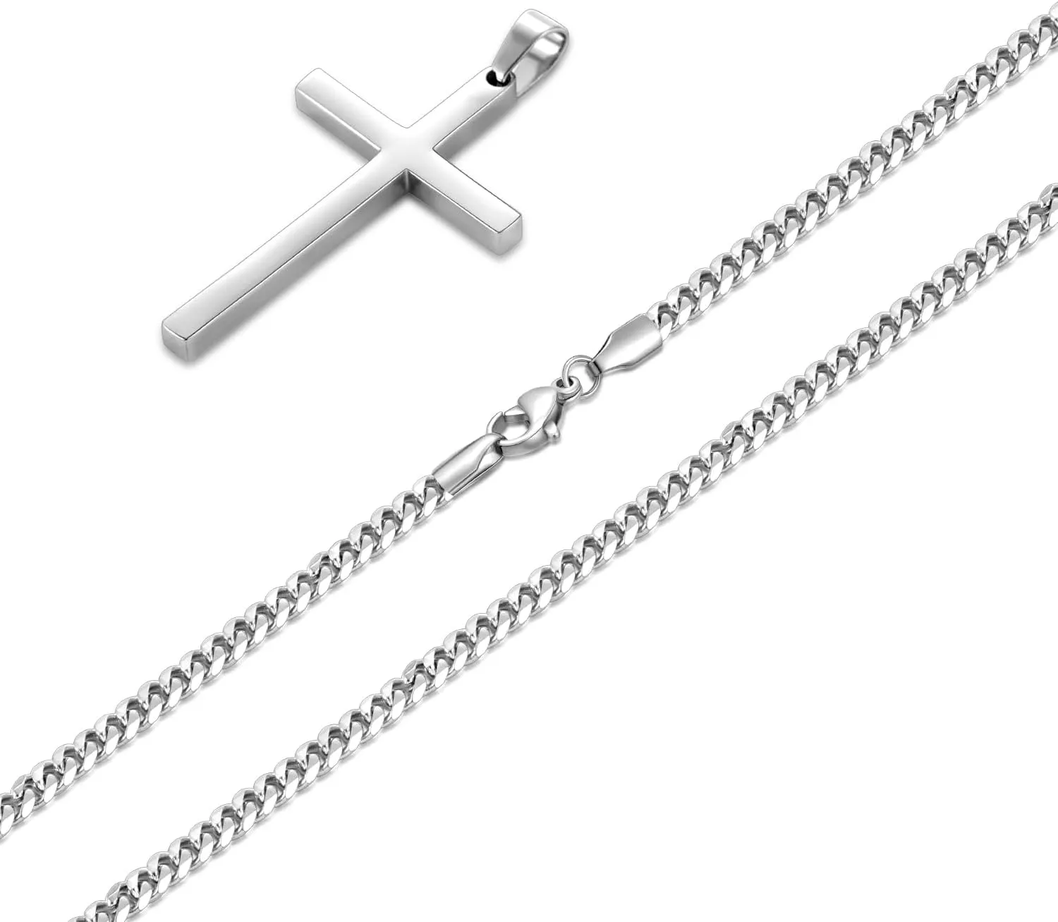 Fiusem Silver Tone Cross Necklace for Men, Mens Cross Necklaces with 3.5mm Chain and Stainless Steel Pendant, Cuban Chain 16-24 Inches