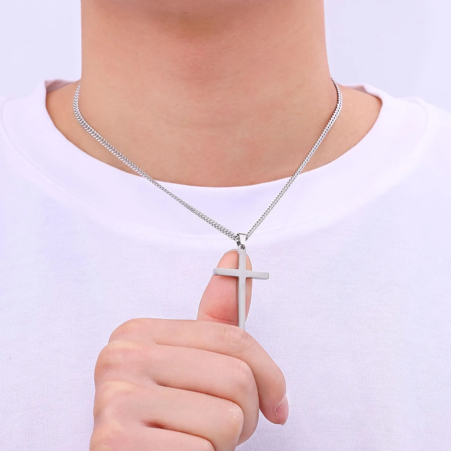 Fiusem Silver Tone Cross Necklace for Men, Mens Cross Necklaces with 3.5mm Chain and Stainless Steel Pendant, Cuban Chain 16-24 Inches