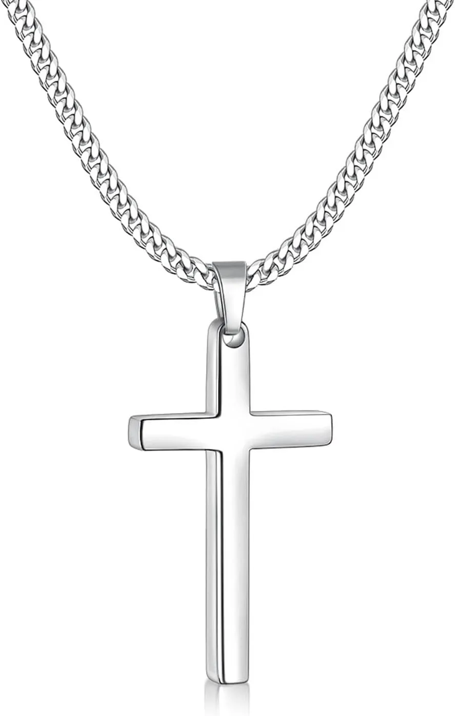 Fiusem Silver Tone Cross Necklace for Men, Mens Cross Necklaces with 3.5mm Chain and Stainless Steel Pendant, Cuban Chain 16-24 Inches