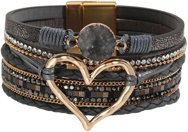 Fuqimanman2020 Boho Leather Wrap Bracelets Handmade Cuff Bracelets Multi-layer Love Heart Leather Bangles Bracelets Christmas Gifts Jewelry Gift for Women