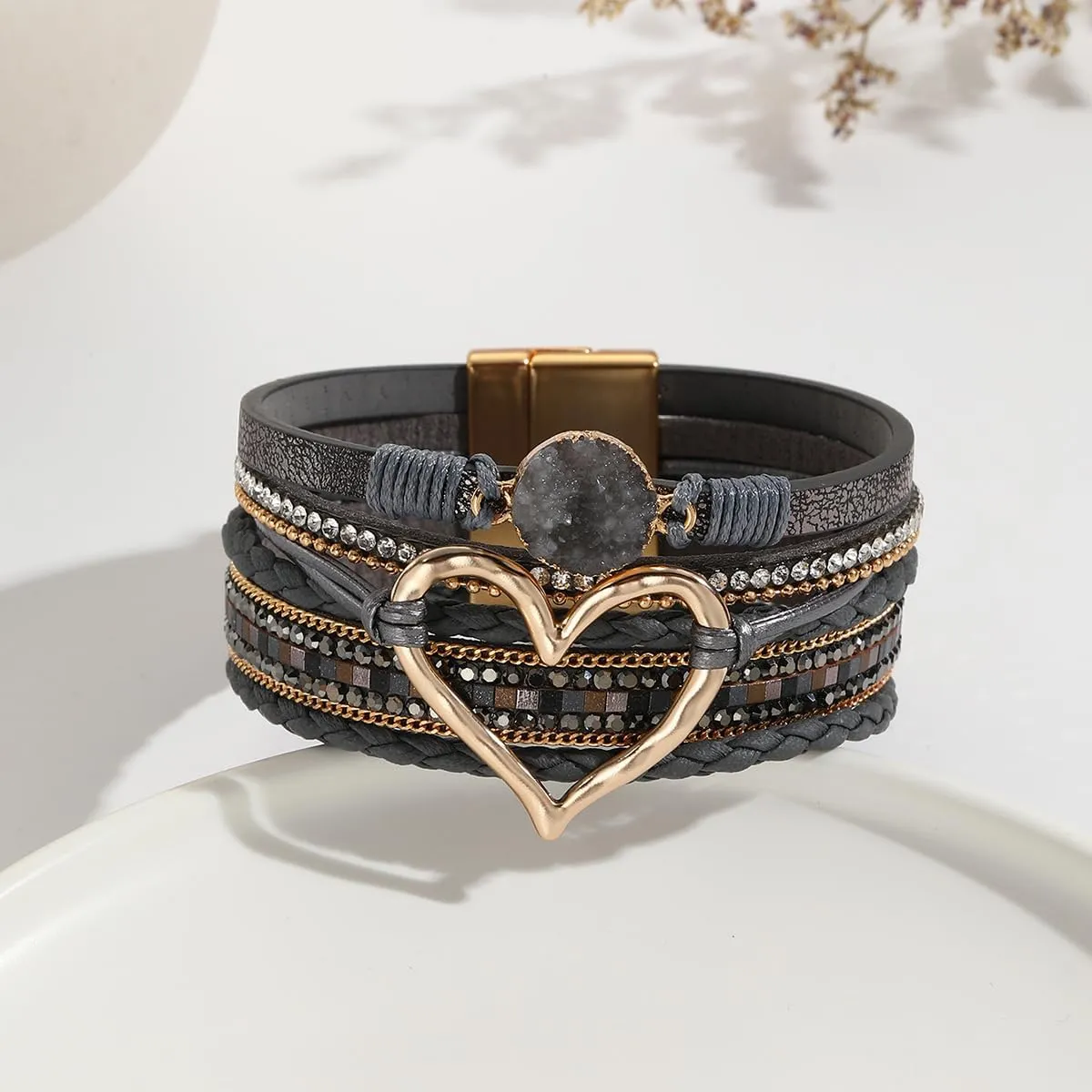 Fuqimanman2020 Boho Leather Wrap Bracelets Handmade Cuff Bracelets Multi-layer Love Heart Leather Bangles Bracelets Christmas Gifts Jewelry Gift for Women