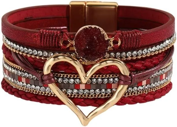 Fuqimanman2020 Boho Leather Wrap Bracelets Handmade Cuff Bracelets Multi-layer Love Heart Leather Bangles Bracelets Christmas Gifts Jewelry Gift for Women