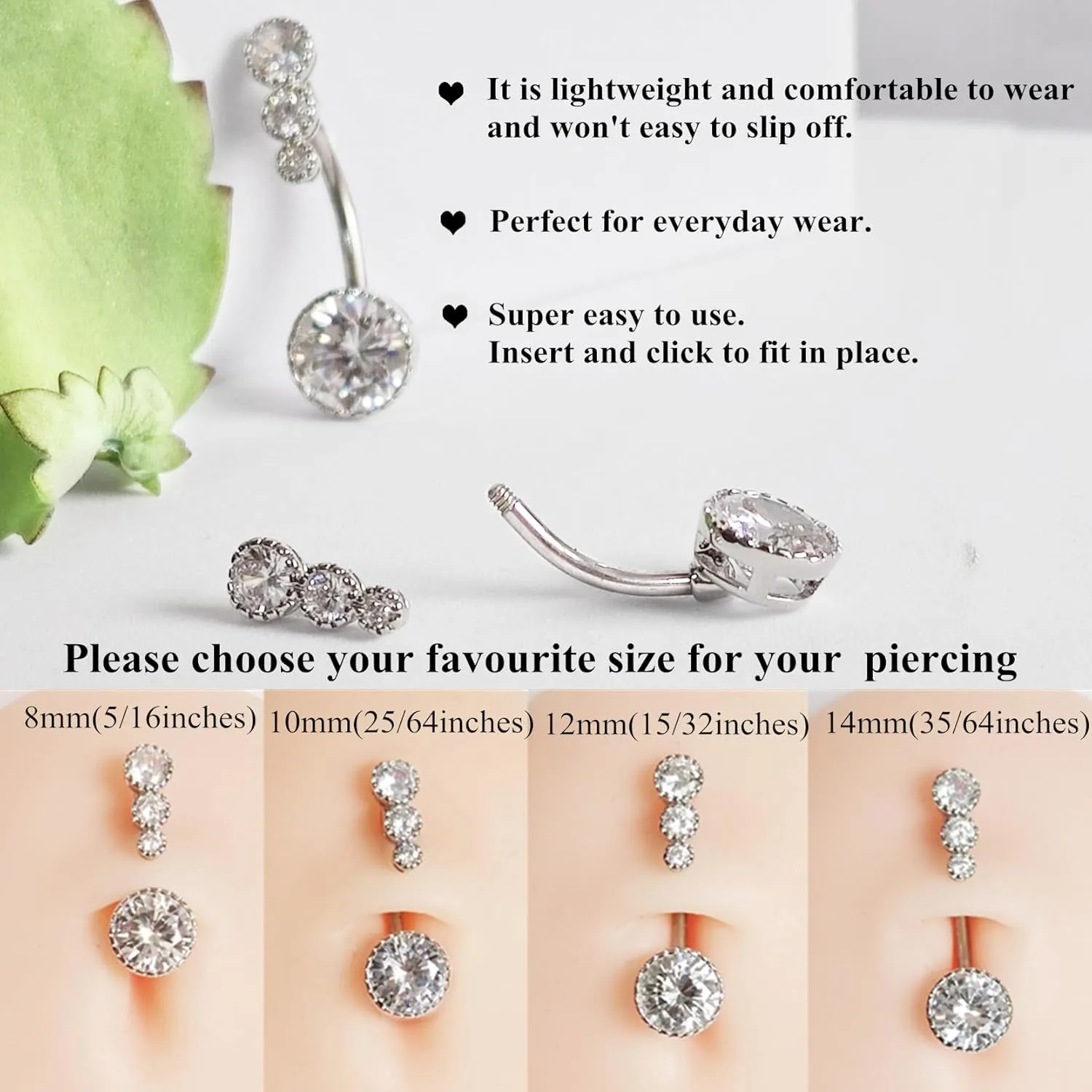 G23 Titanium 14G CZ Belly Button Rings for Women Cubic Zirconia Belly Ring Navel Ring Barbell Piercing Jewelry 14 Gauge 8mm 10mm 12mm 14mm