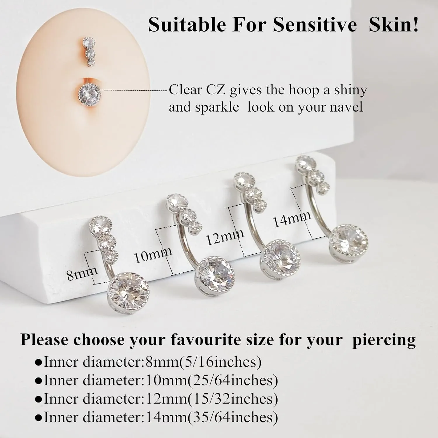 G23 Titanium 14G CZ Belly Button Rings for Women Cubic Zirconia Belly Ring Navel Ring Barbell Piercing Jewelry 14 Gauge 8mm 10mm 12mm 14mm