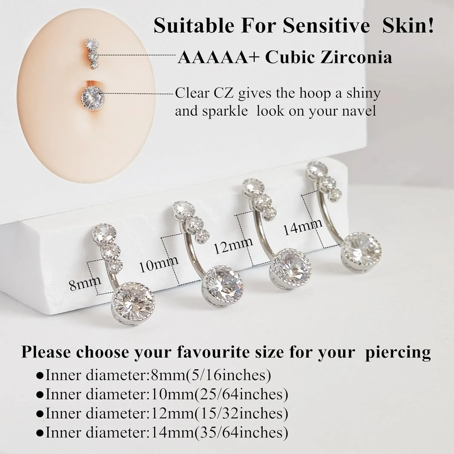 G23 Titanium 14G CZ Belly Button Rings for Women Cubic Zirconia Belly Ring Navel Ring Barbell Piercing Jewelry 14 Gauge 8mm 10mm 12mm 14mm