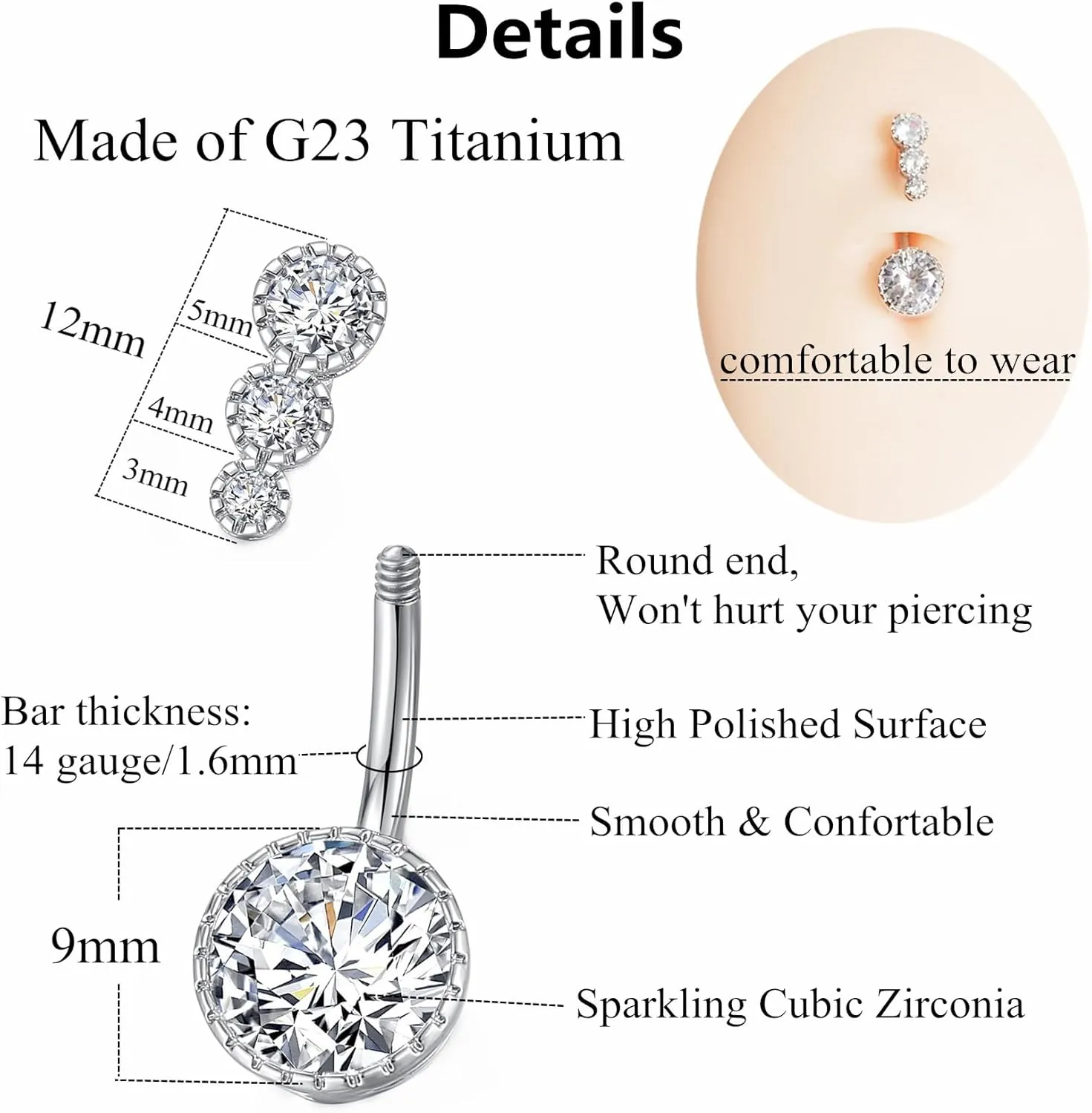 G23 Titanium 14G CZ Belly Button Rings for Women Cubic Zirconia Belly Ring Navel Ring Barbell Piercing Jewelry 14 Gauge 8mm 10mm 12mm 14mm