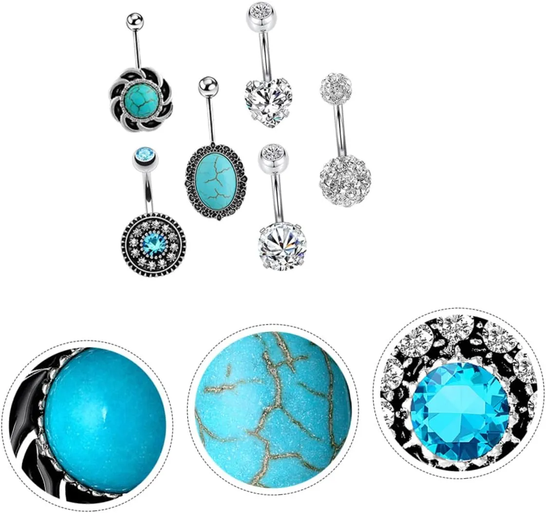 Gatuida Elegant Navel Piercing Jewelry Set 6pcs Zircon Turquoise Navel Nail Belly Button Rings High Polished No Discoloration