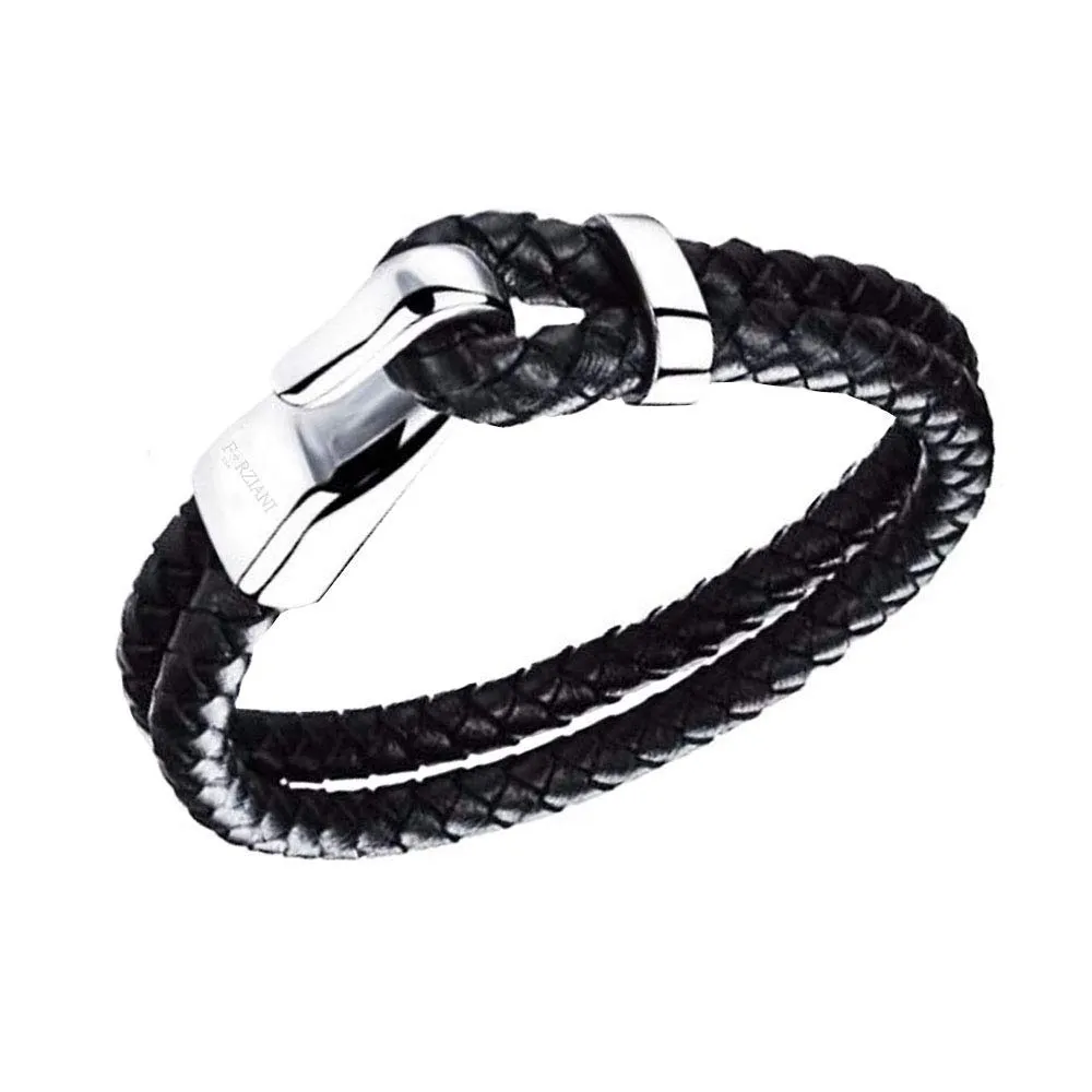 Genuine Double Braided Black Leather Bracelet for Men - Adjustable - Luxurious Men's Leather Bracelet with Stainless Steel Clasp - Gift Packaging Included - Mens Gifts