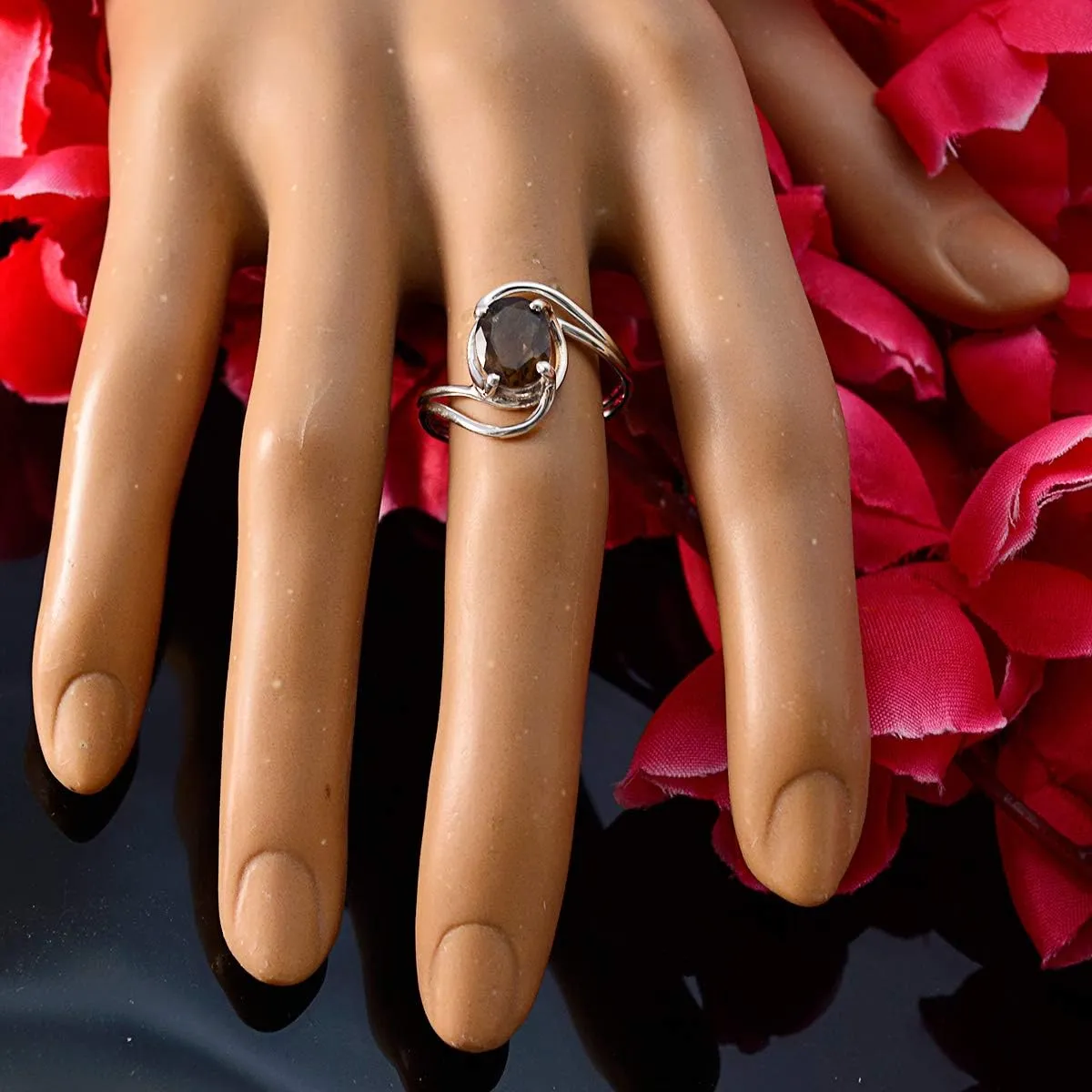 Genuine Gems Oval Shape One Stone Faceted Smoky Quartz rings-Solid Silver Brown Smoky Quartz Ring-January Birth Capricorn Astrology Genuine Gems Ring SRSQUFC-3171-4 us