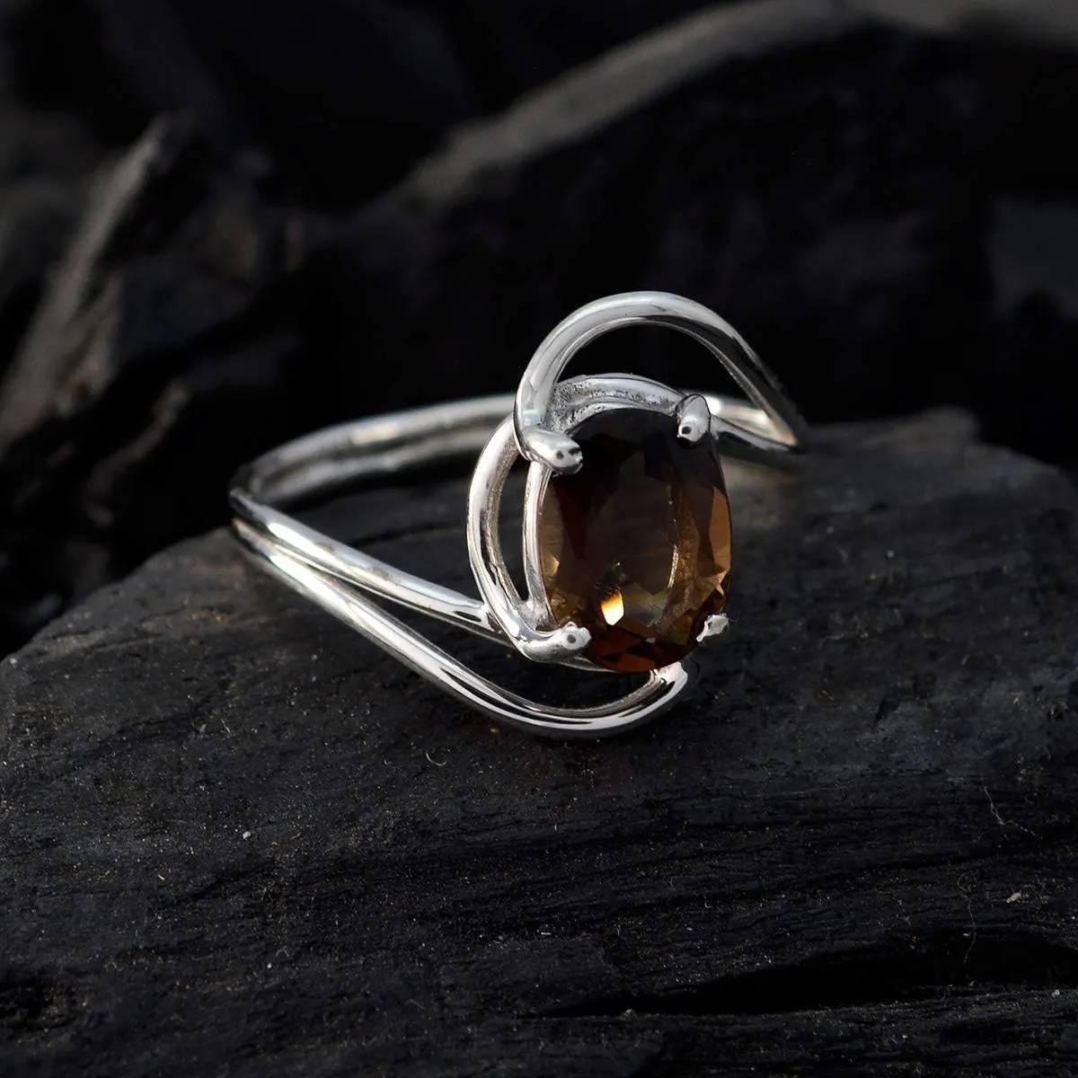 Genuine Gems Oval Shape One Stone Faceted Smoky Quartz rings-Solid Silver Brown Smoky Quartz Ring-January Birth Capricorn Astrology Genuine Gems Ring SRSQUFC-3171-4 us