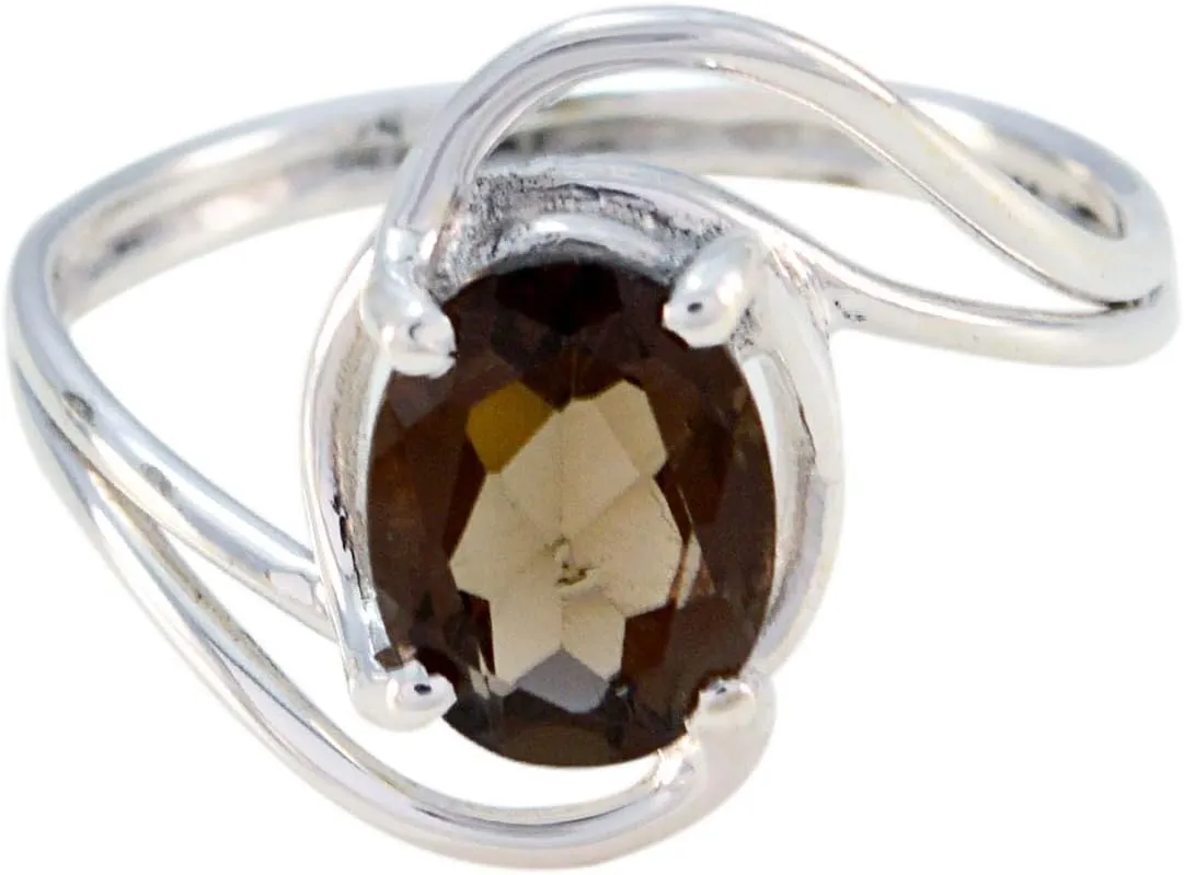 Genuine Gems Oval Shape One Stone Faceted Smoky Quartz rings-Solid Silver Brown Smoky Quartz Ring-January Birth Capricorn Astrology Genuine Gems Ring SRSQUFC-3171-4 us
