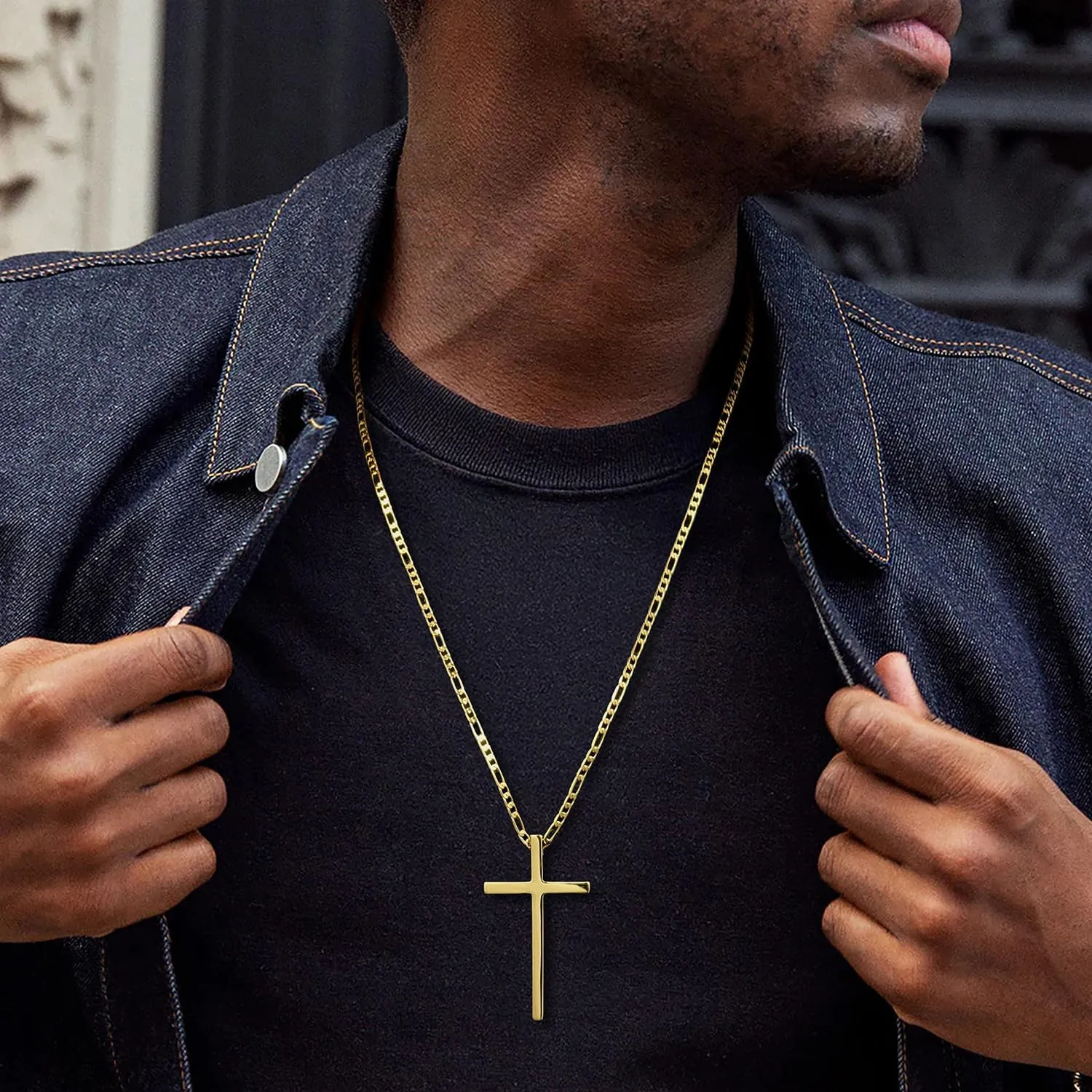 Gold Cross Necklace for Men 14K Gold Cross Pendant for Men Crosses Chain for Mens Straight Lines and Sharp Edges with Figaro Chain Mens Crosses Necklaces