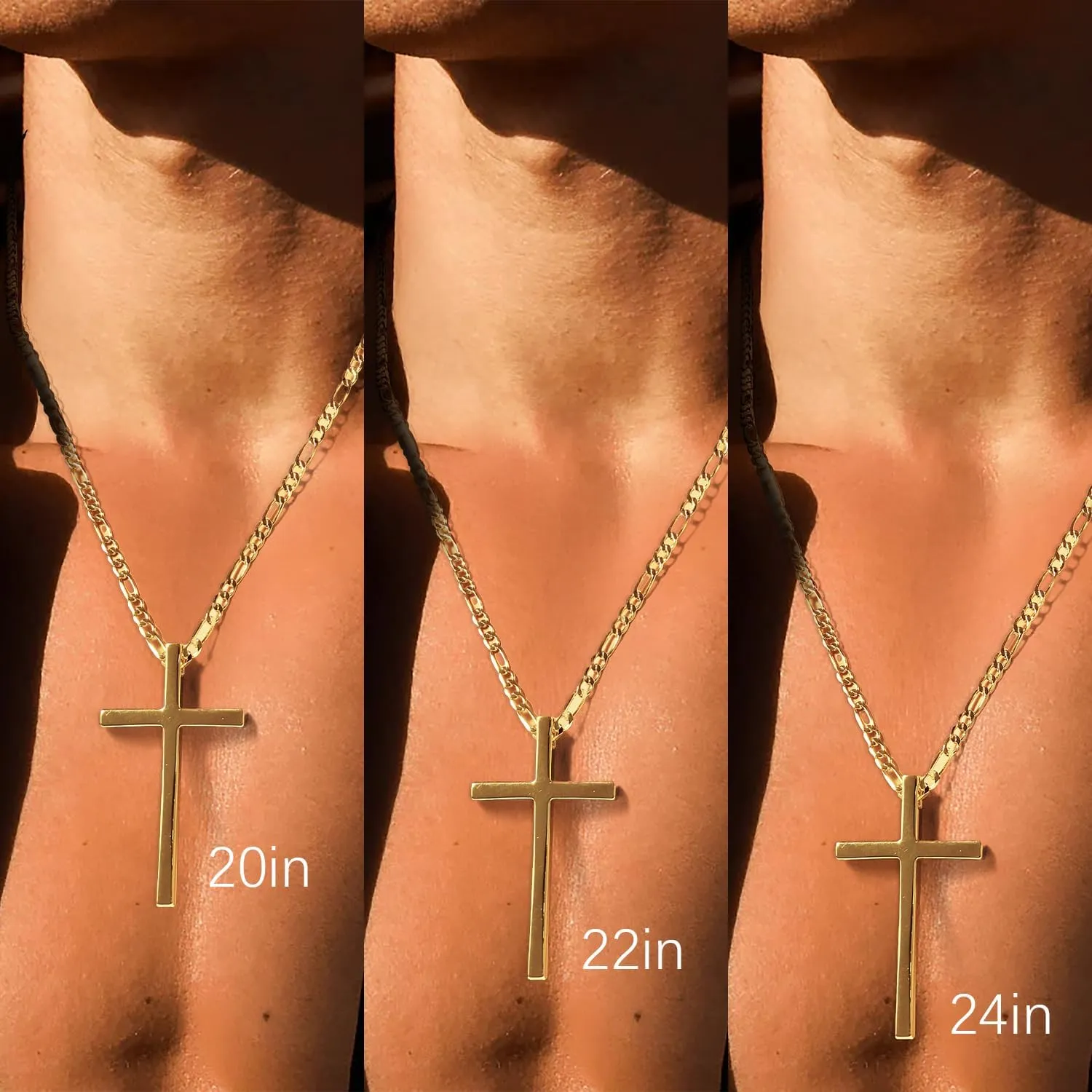 Gold Cross Necklace for Men 14K Gold Cross Pendant for Men Crosses Chain for Mens Straight Lines and Sharp Edges with Figaro Chain Mens Crosses Necklaces