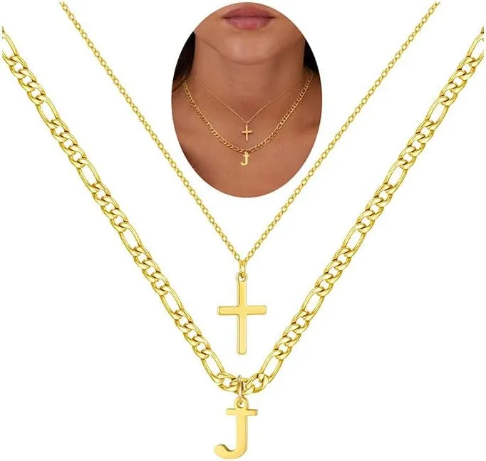 Gold Layered Initial Cross Necklaces For Women,14K Gold Plated Letter Necklace ,Gold Cross Pendant Choker Necklace,Trendy Cute Personalized Monogram Name Necklace ,Gold Jewelry Necklace for Women Gift