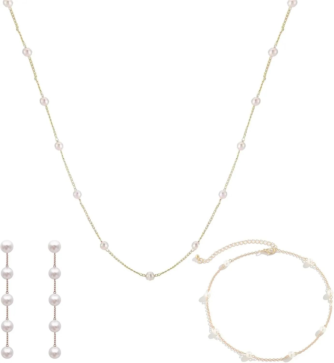 Gold Pearl Jewelry Set for Women Dainty 14K Gold Plated Pearl Necklace and Earring Set Long Pearl Drop Earrings Pearl Bracelets Pearl Choker Necklace Wedding Jewelry for Women Gift