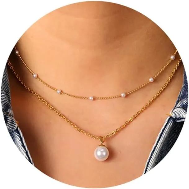Gold Pearl Necklaces for Women - Dainty Layered Chain Necklace With Beaded Pendant - Trendy Womens Jewelry