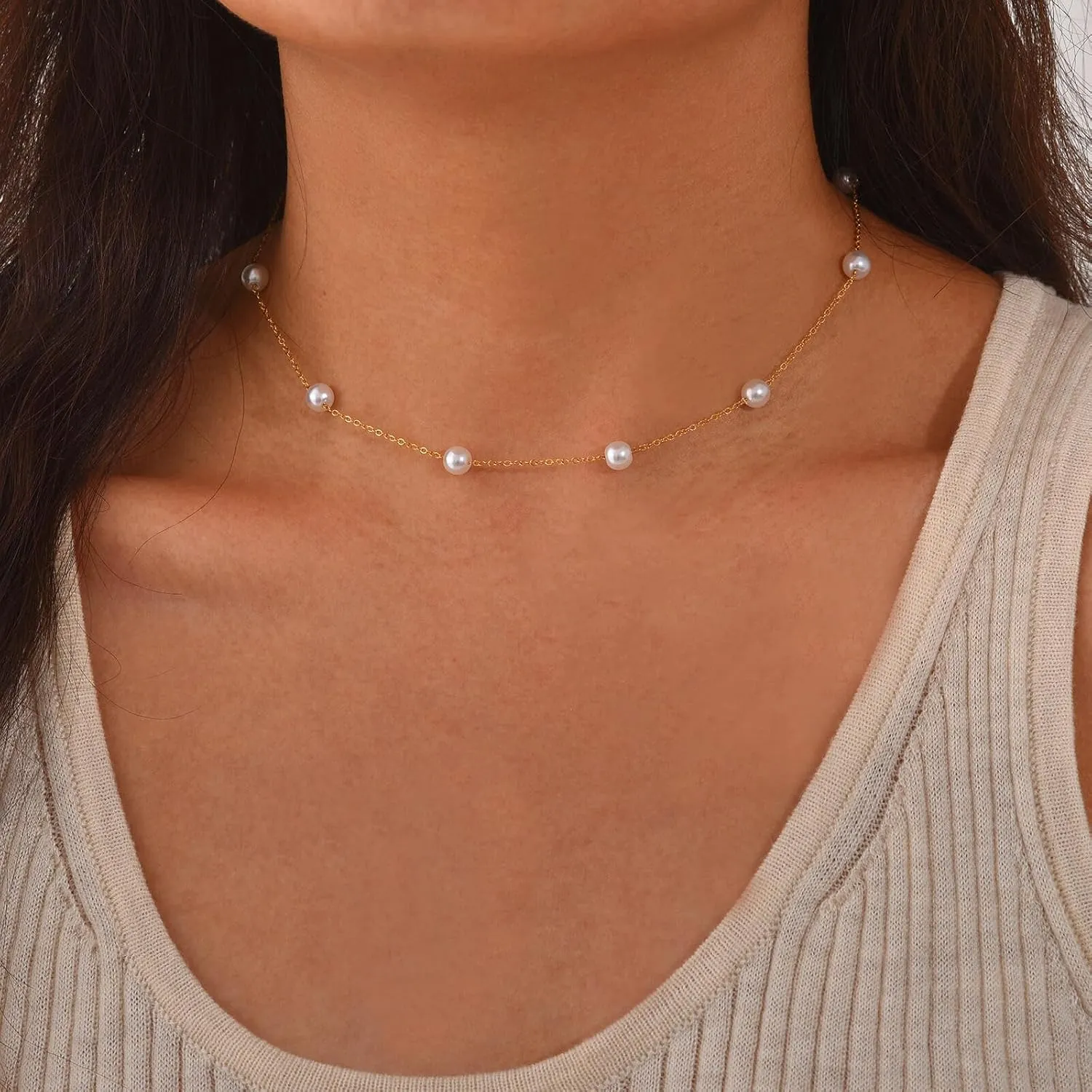Gold Pearl Necklaces for Women - Dainty Layered Chain Necklace With Beaded Pendant - Trendy Womens Jewelry