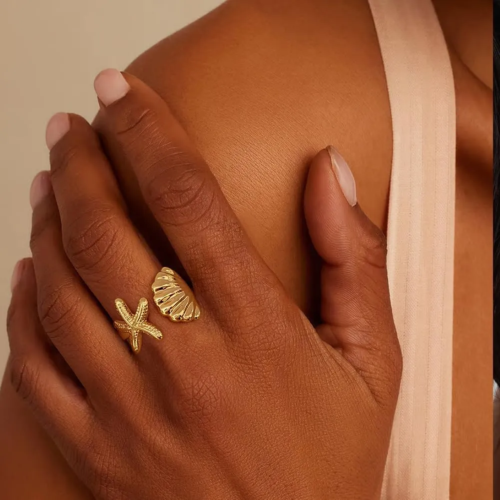Gold Rings For Women Chunky Gold Starfish Conch Statment Rings Adjustable Open Rings Large Band Rings