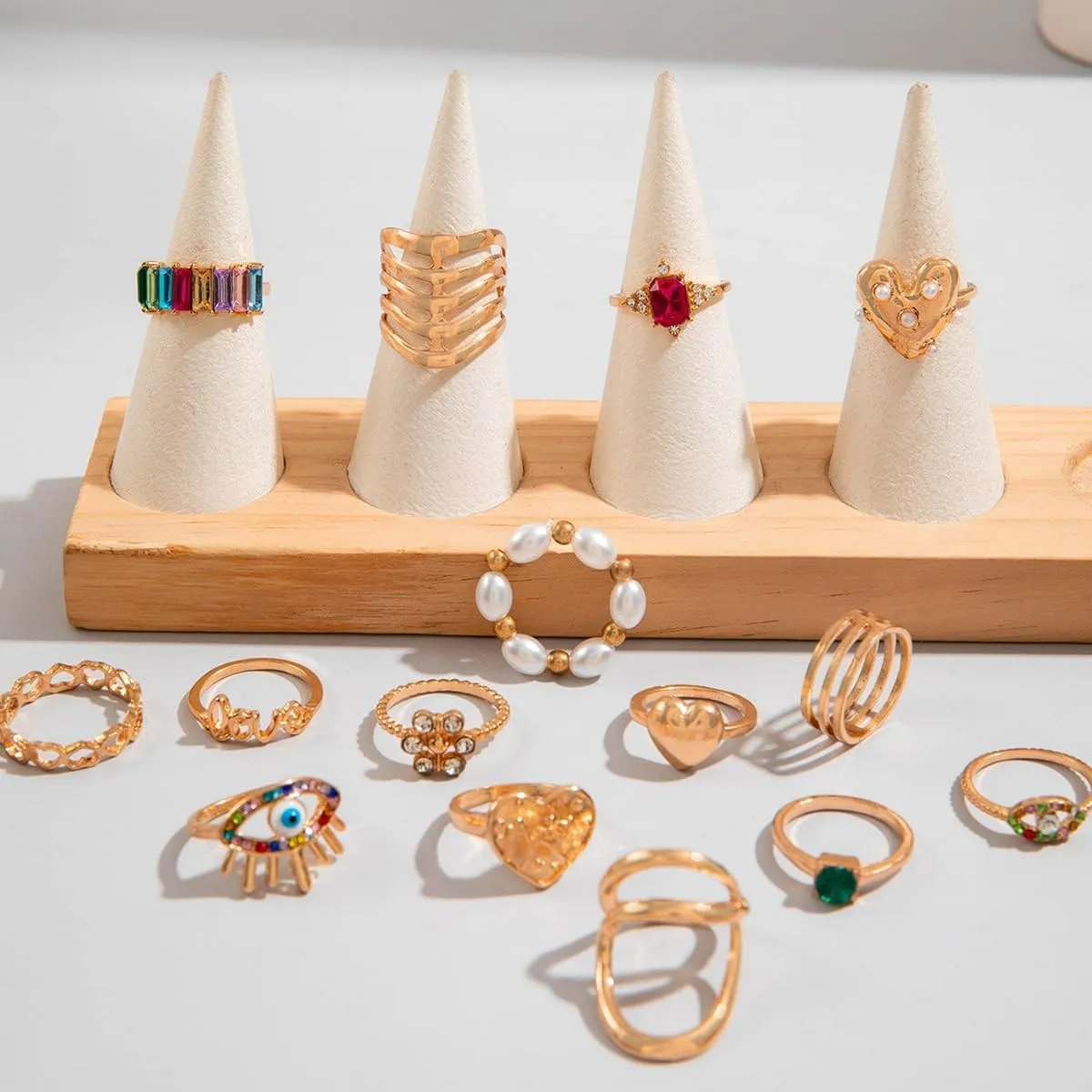 Gold Silver Rings for Women Pearl Colorful Rhinestone Waterproof Chunky Silver Ring Non Tarnish Gold Ring Set Stackable Statement Rings Adjustable Open Fashion Jewelry
